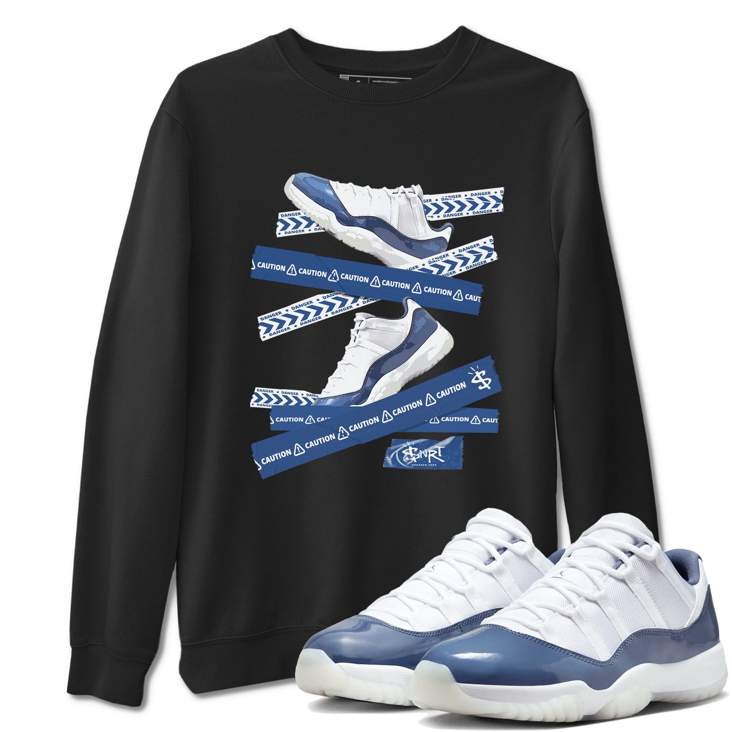 AJ11 Diffused Blue shirts to match jordans Caution Tape sneaker match tees Air Jordan 11 Diffused Blue Drip Gear Zone streetwear brand Black 1 unisex cotton tee