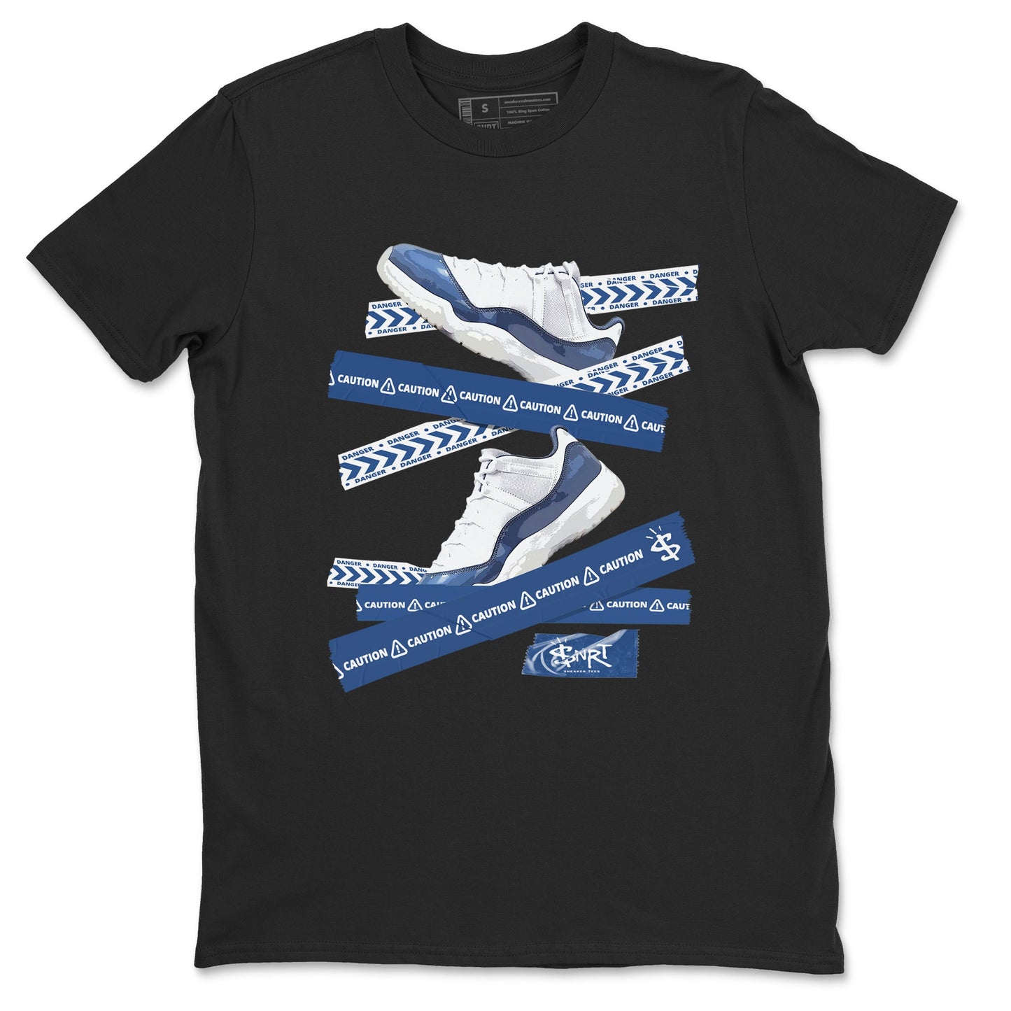 AJ11 Diffused Blue shirts to match jordans Caution Tape sneaker match tees Air Jordan 11 Diffused Blue Drip Gear Zone streetwear brand Black 2 unisex cotton tee