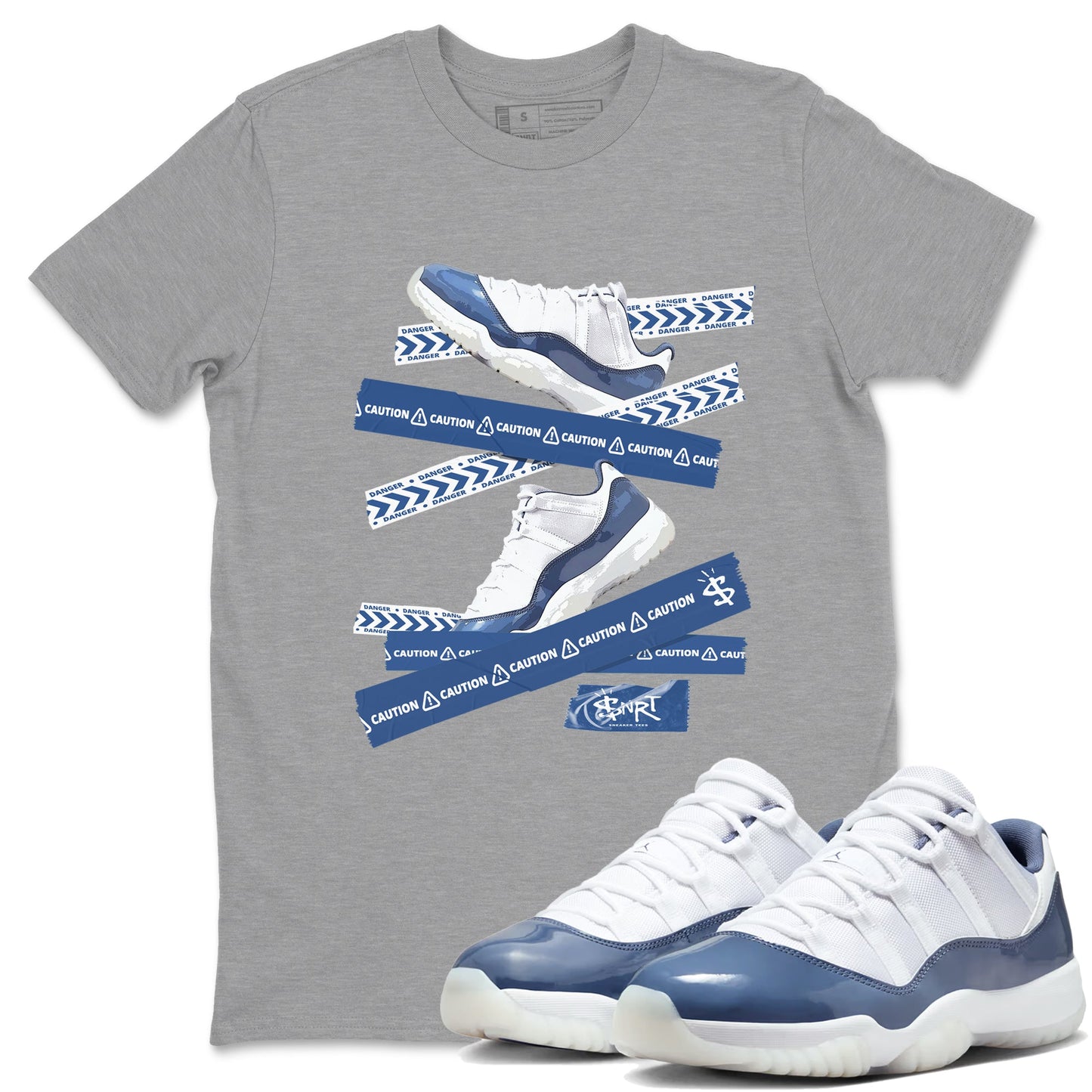 AJ11 Diffused Blue shirts to match jordans Caution Tape sneaker match tees Air Jordan 11 Diffused Blue Drip Gear Zone streetwear brand Heather Grey 1 unisex cotton tee