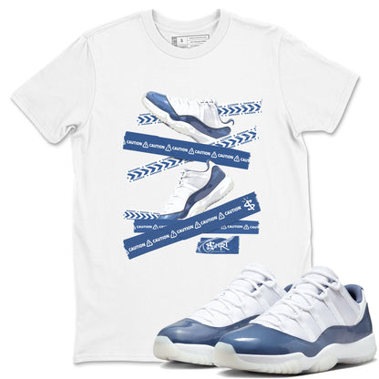 AJ11 Diffused Blue shirts to match jordans Caution Tape sneaker match tees Air Jordan 11 Diffused Blue Drip Gear Zone streetwear brand White 1 unisex cotton tee