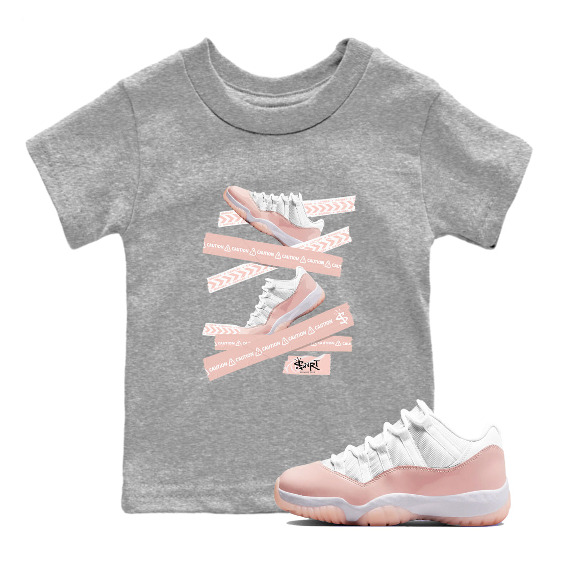 Air Jordan 11 Low Legend Pink shirts to match jordans Caution Tape sneaker match tees 11s Legend Pink Drip Gear Zone streetwear brand Baby and Youth Heather Grey 1 cotton tee
