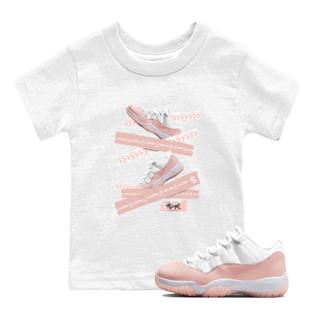Air Jordan 11 Low Legend Pink shirts to match jordans Caution Tape sneaker match tees 11s Legend Pink Drip Gear Zone streetwear brand Baby and Youth White 1 cotton tee