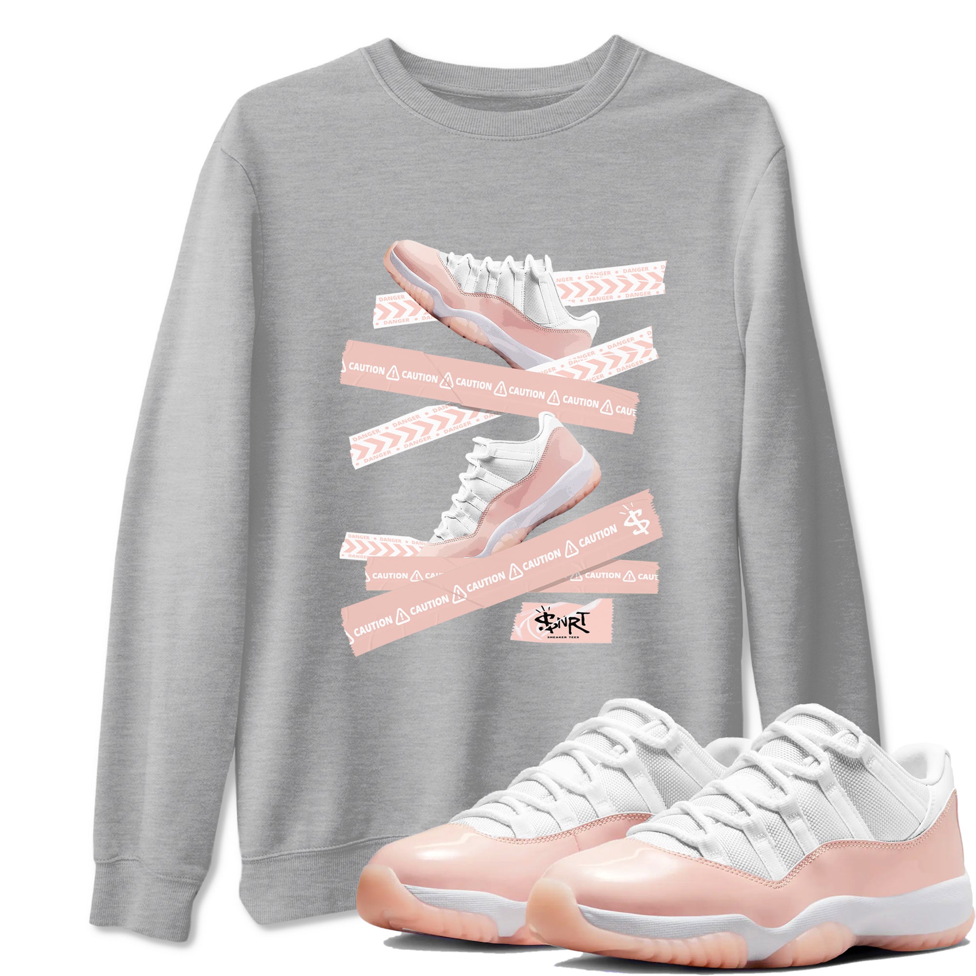 Air Jordan 11 Low Legend Pink shirts to match jordans Caution Tape sneaker match tees 11s Legend Pink Drip Gear Zone streetwear brand Heather Grey 1 unisex cotton tee
