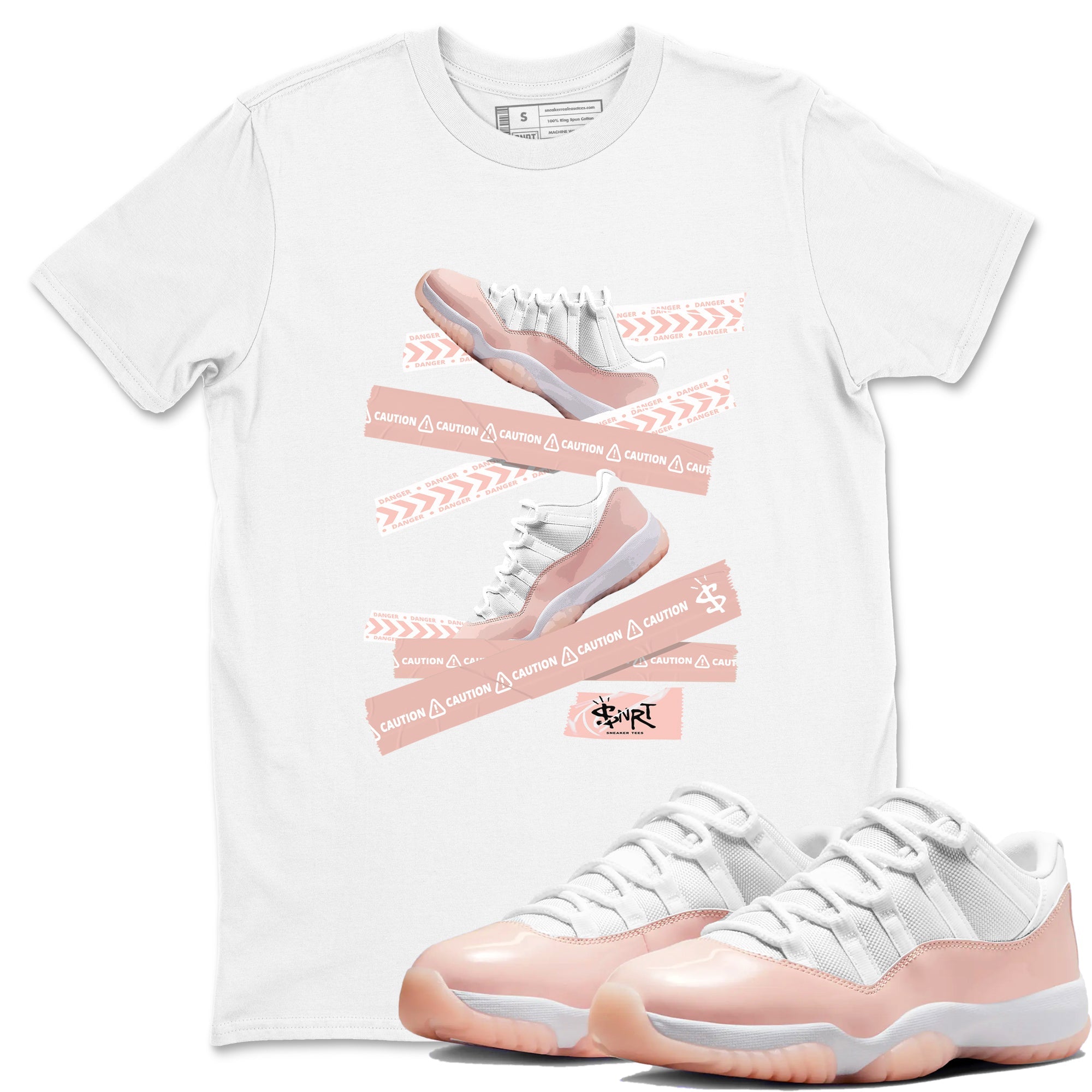Air Jordan 11 Low Legend Pink shirts to match jordans Caution Tape sneaker match tees 11s Legend Pink Drip Gear Zone streetwear brand White 1 unisex cotton tee
