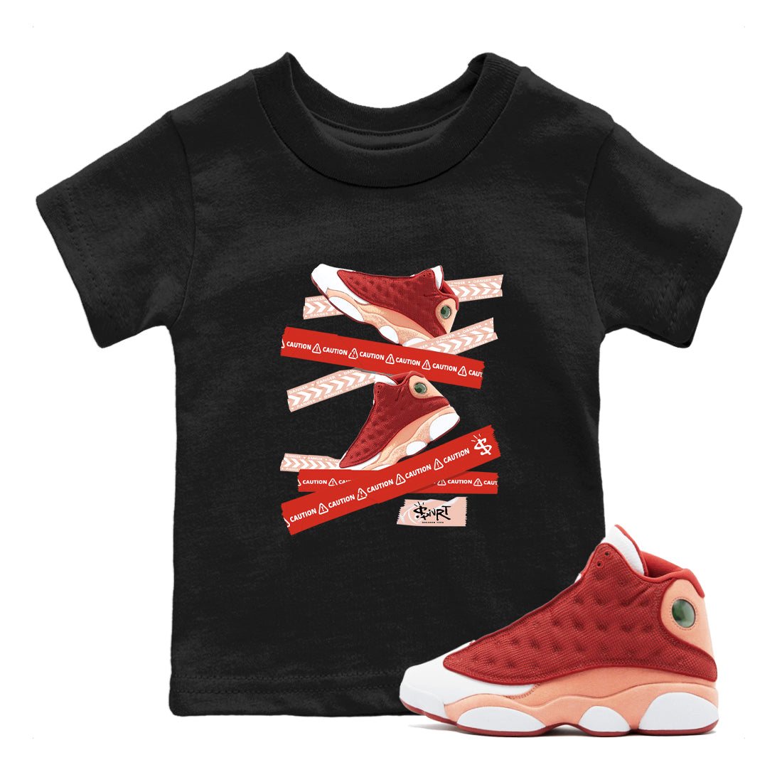 Air Jordan 13 Dune Red shirts to match jordans Caution Tape sneaker match tees AJ13 Dune Red Sneaker Shirts Drip Gear Zone streetwear brand Baby and Youth Black 1 cotton tee