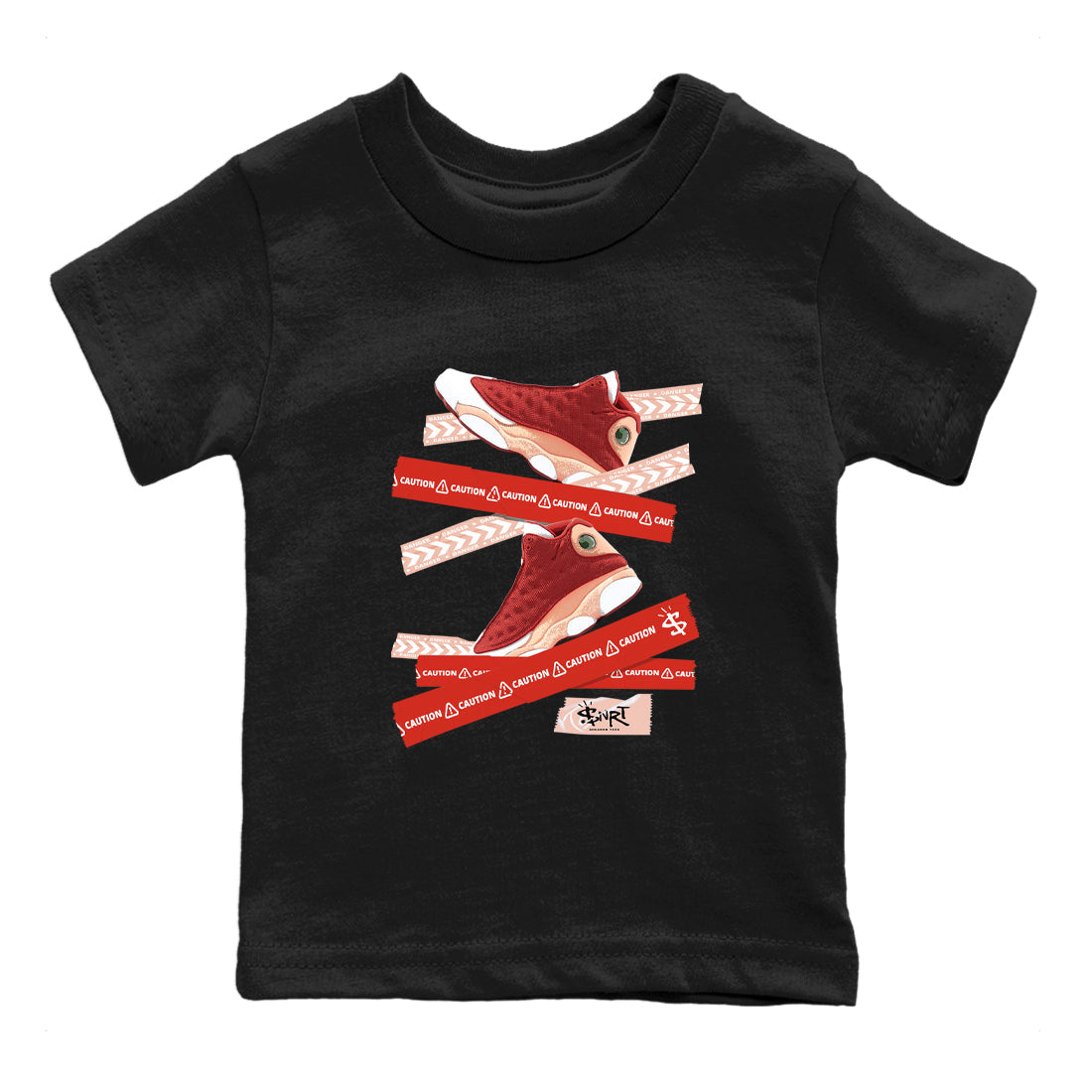 Air Jordan 13 Dune Red shirts to match jordans Caution Tape sneaker match tees AJ13 Dune Red Sneaker Shirts Drip Gear Zone streetwear brand Baby and Youth Black 2 cotton tee