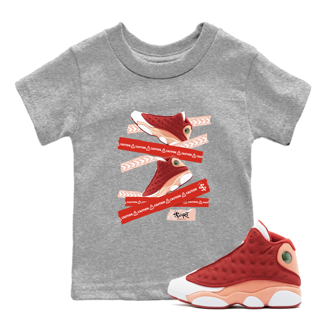 Air Jordan 13 Dune Red shirts to match jordans Caution Tape sneaker match tees AJ13 Dune Red Sneaker Shirts Drip Gear Zone streetwear brand Baby and Youth Heather Grey 1 cotton tee
