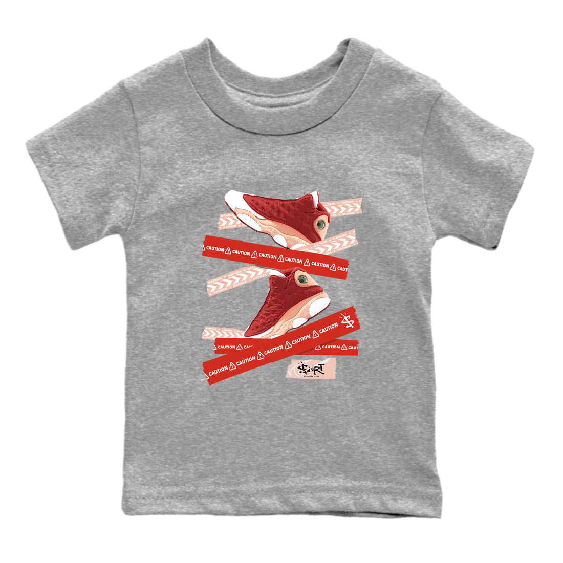 Air Jordan 13 Dune Red shirts to match jordans Caution Tape sneaker match tees AJ13 Dune Red Sneaker Shirts Drip Gear Zone streetwear brand Baby and Youth Heather Grey 2 cotton tee