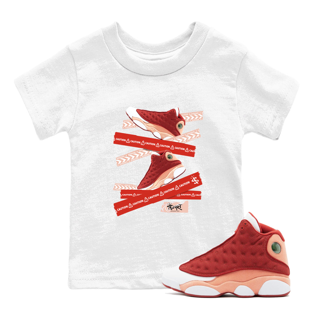Air Jordan 13 Dune Red shirts to match jordans Caution Tape sneaker match tees AJ13 Dune Red Sneaker Shirts Drip Gear Zone streetwear brand Baby and Youth White 1 cotton tee