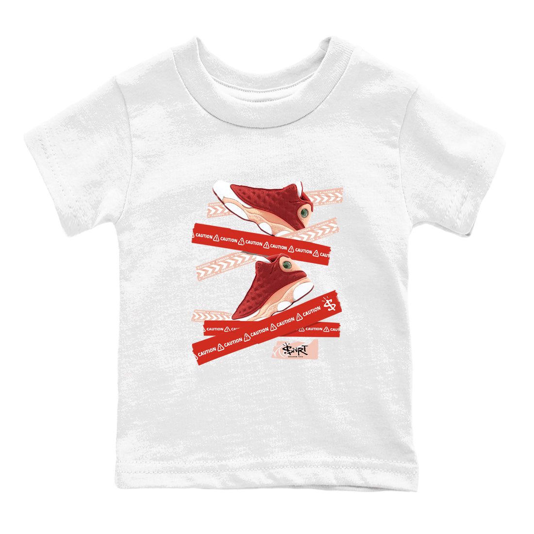 Air Jordan 13 Dune Red shirts to match jordans Caution Tape sneaker match tees AJ13 Dune Red Sneaker Shirts Drip Gear Zone streetwear brand Baby and Youth White 2 cotton tee