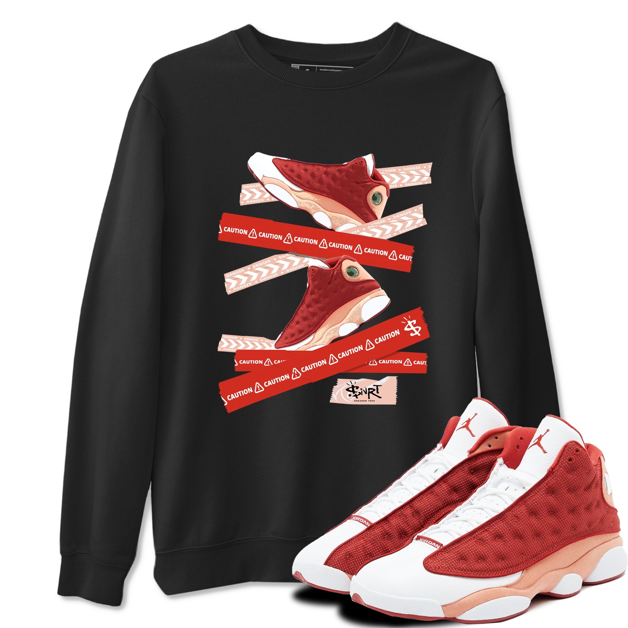 Air Jordan 13 Dune Red shirts to match jordans Caution Tape sneaker match tees AJ13 Dune Red Sneaker Shirts Drip Gear Zone streetwear brand Black 1 unisex cotton tee