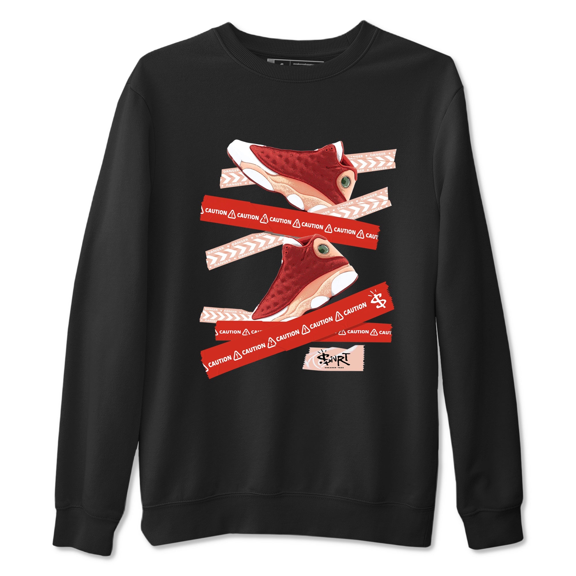 Air Jordan 13 Dune Red shirts to match jordans Caution Tape sneaker match tees AJ13 Dune Red Sneaker Shirts Drip Gear Zone streetwear brand Black 2 unisex cotton tee