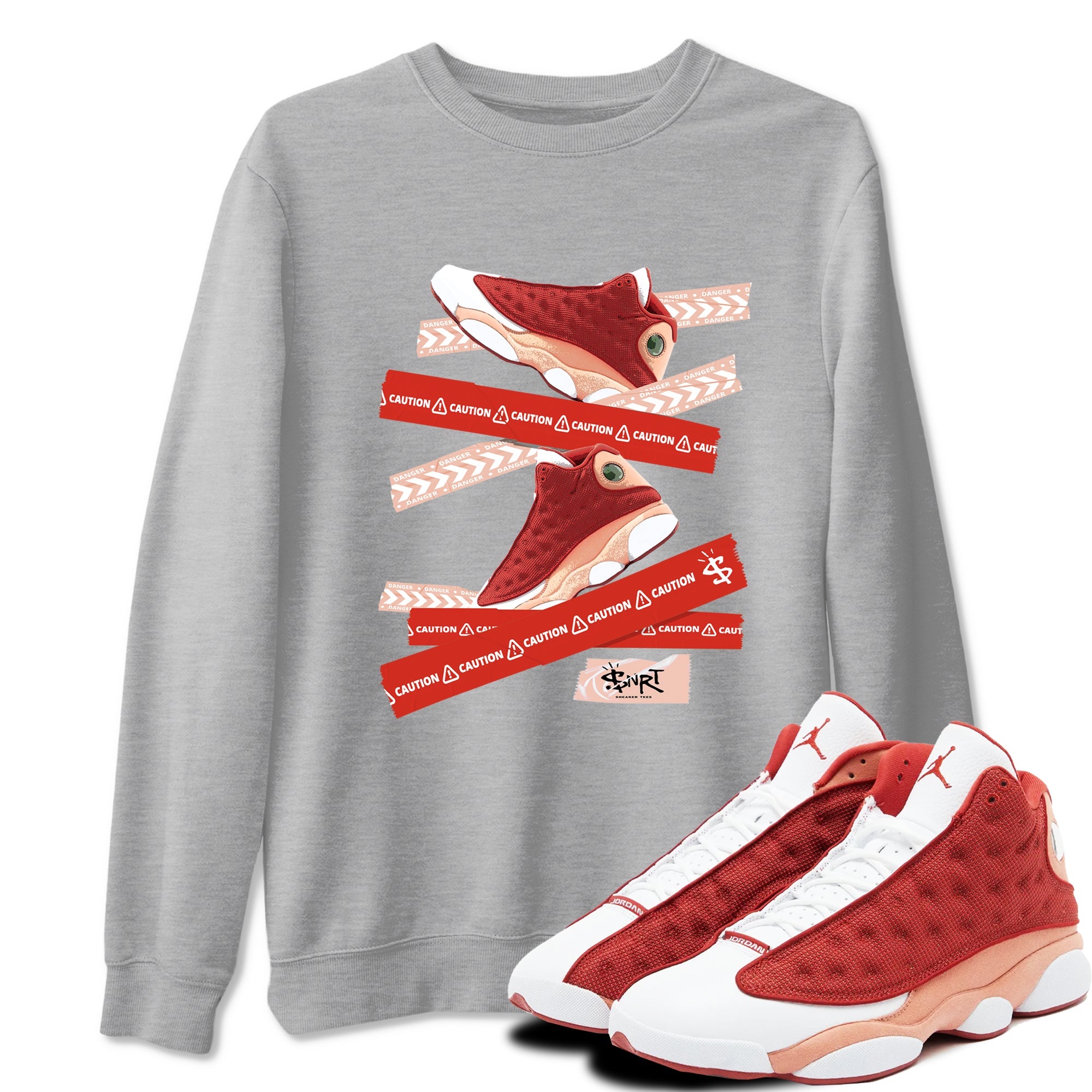 Air Jordan 13 Dune Red shirts to match jordans Caution Tape sneaker match tees AJ13 Dune Red Sneaker Shirts Drip Gear Zone streetwear brand Heather Grey 1 unisex cotton tee