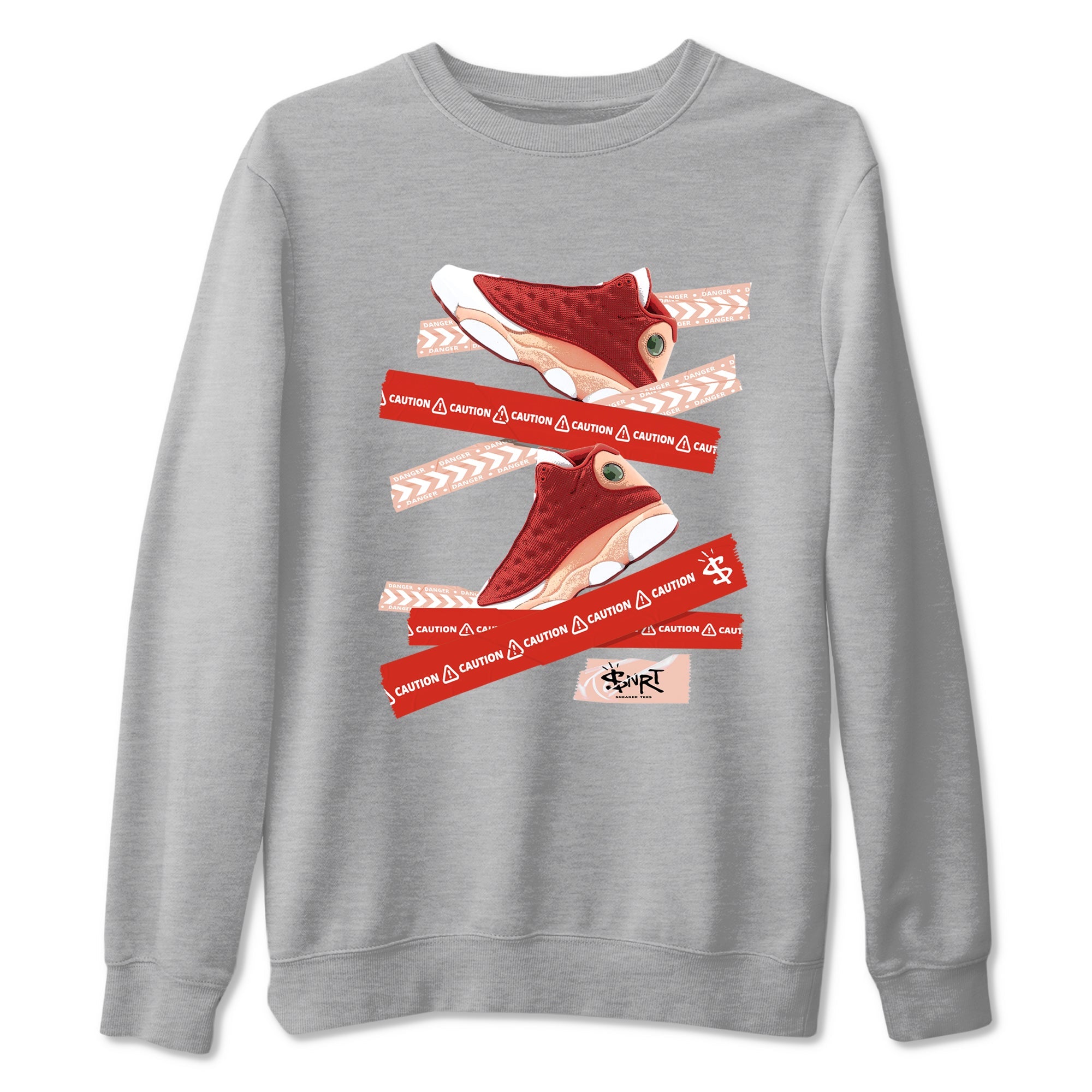 Air Jordan 13 Dune Red shirts to match jordans Caution Tape sneaker match tees AJ13 Dune Red Sneaker Shirts Drip Gear Zone streetwear brand Heather Grey 2 unisex cotton tee