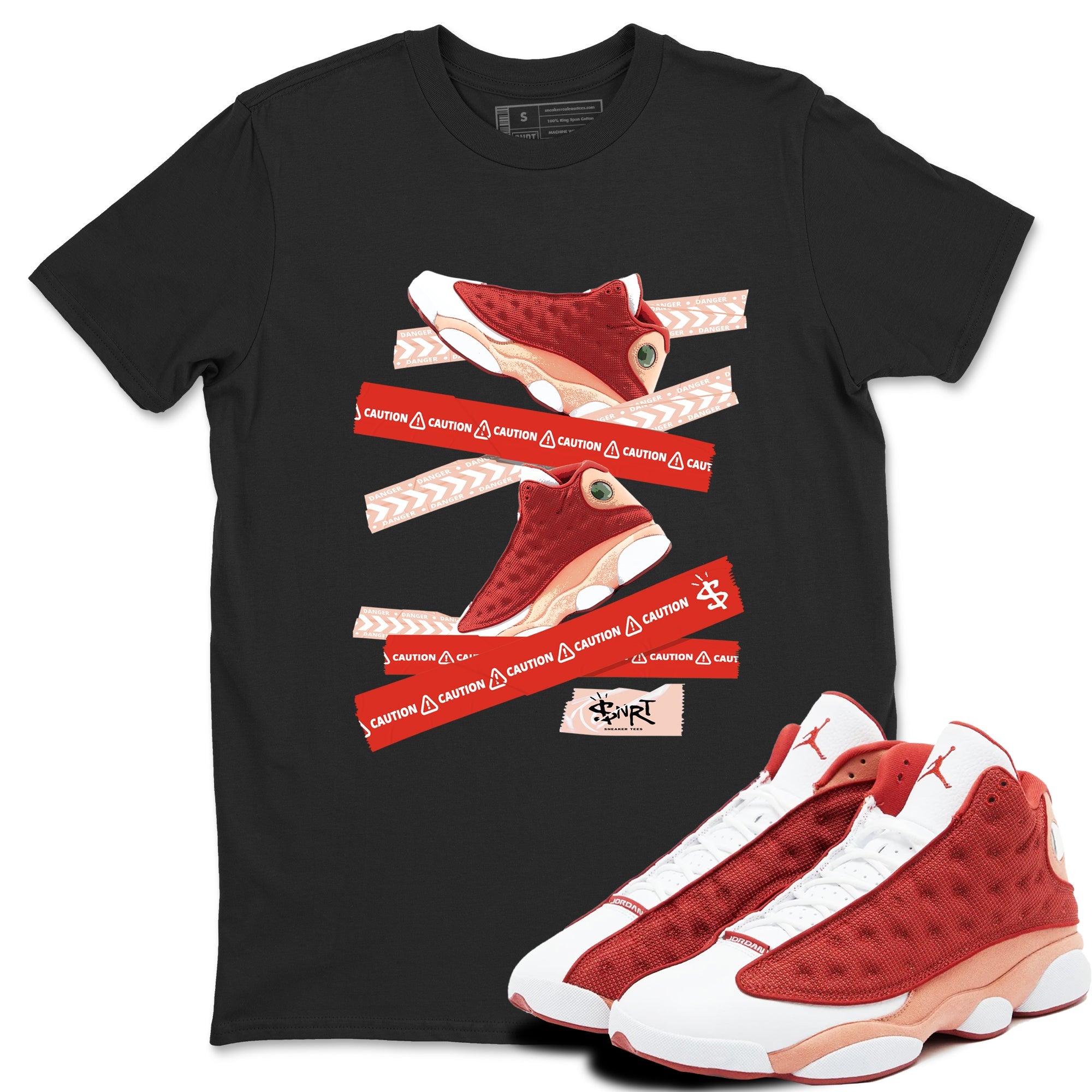Air Jordan 13 Dune Red shirts to match jordans Caution Tape sneaker match tees AJ13 Dune Red Sneaker Shirts Drip Gear Zone streetwear brand Black 1 unisex cotton tee