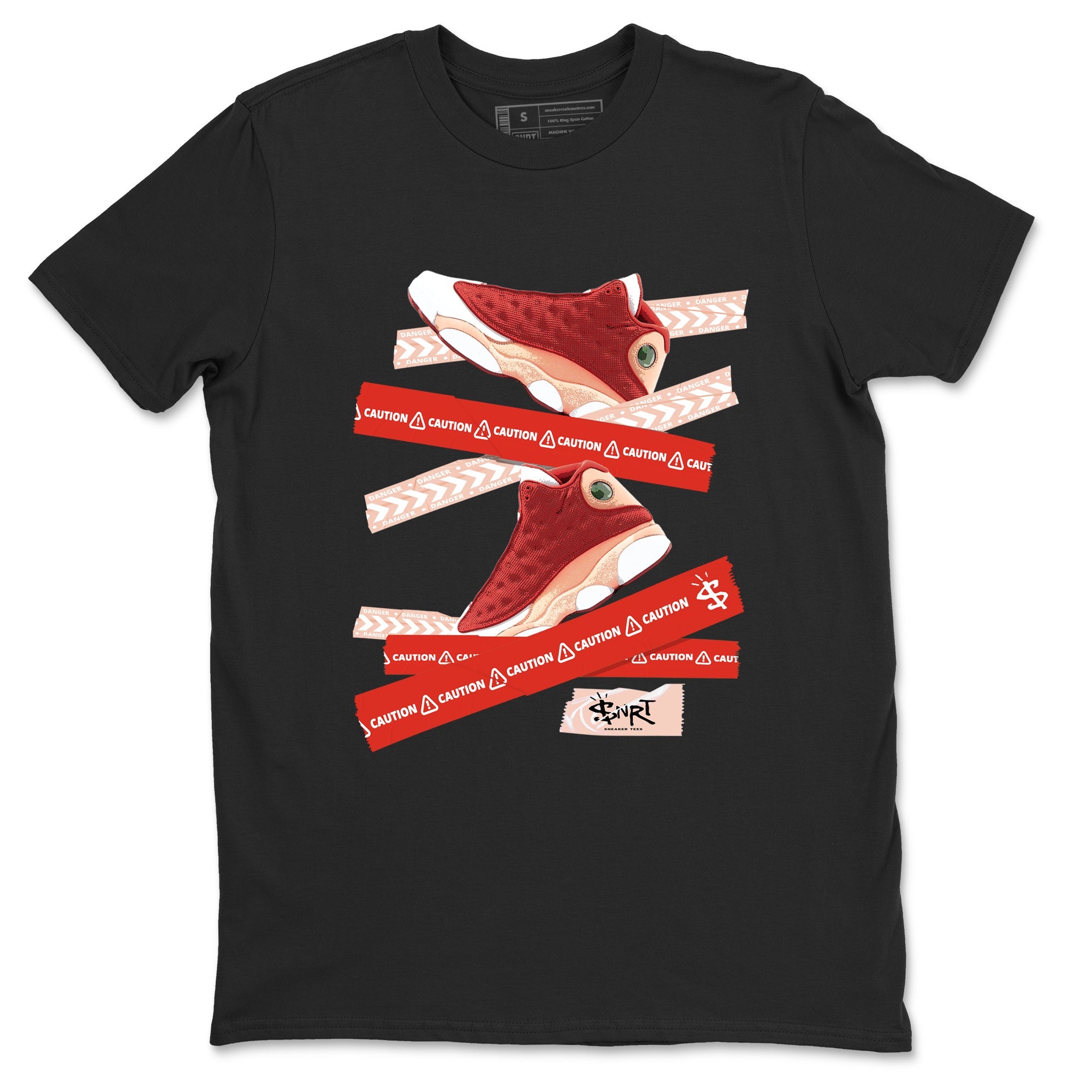 Air Jordan 13 Dune Red shirts to match jordans Caution Tape sneaker match tees AJ13 Dune Red Sneaker Shirts Drip Gear Zone streetwear brand Black 2 unisex cotton tee