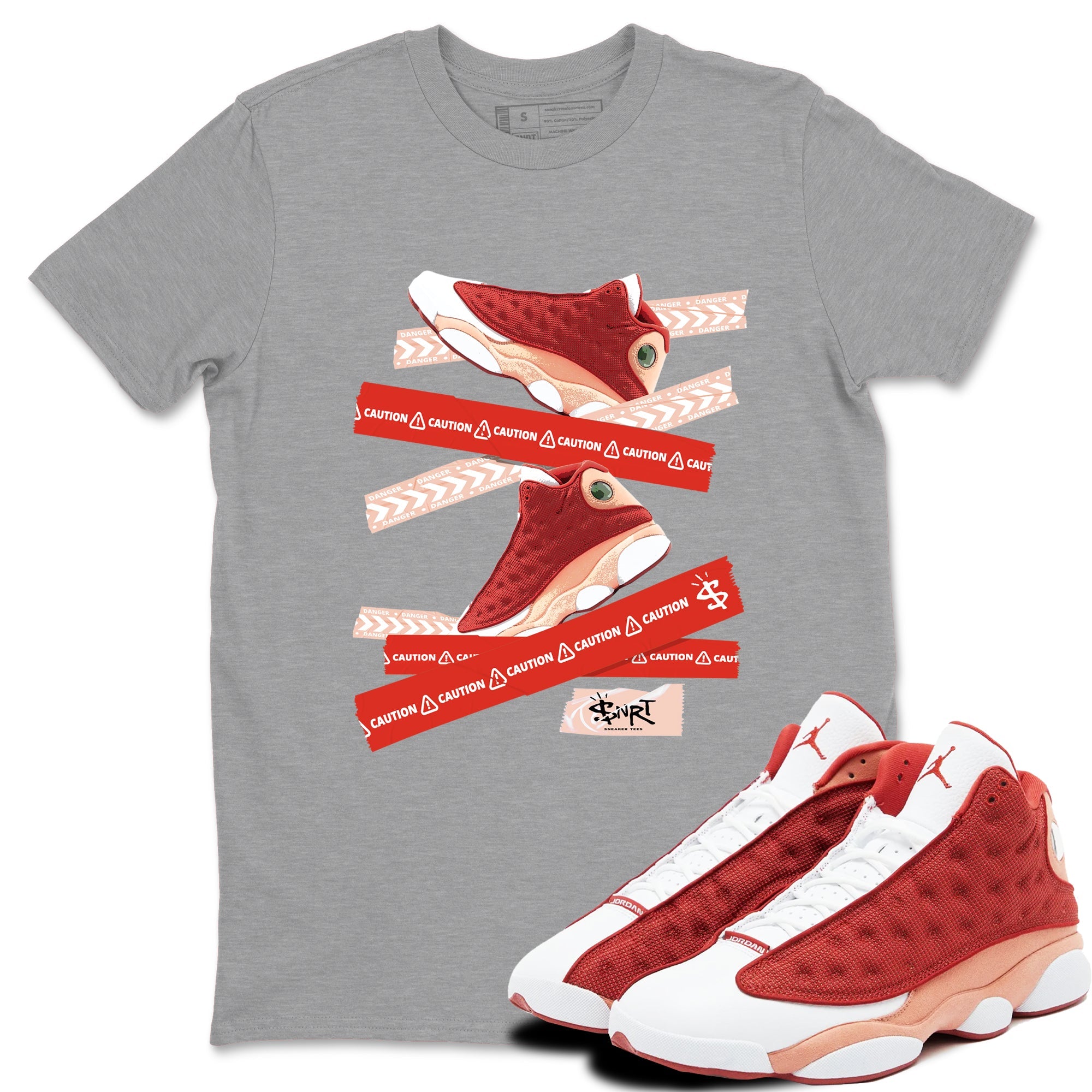 Air Jordan 13 Dune Red shirts to match jordans Caution Tape sneaker match tees AJ13 Dune Red Sneaker Shirts Drip Gear Zone streetwear brand Heather Grey 1 unisex cotton tee