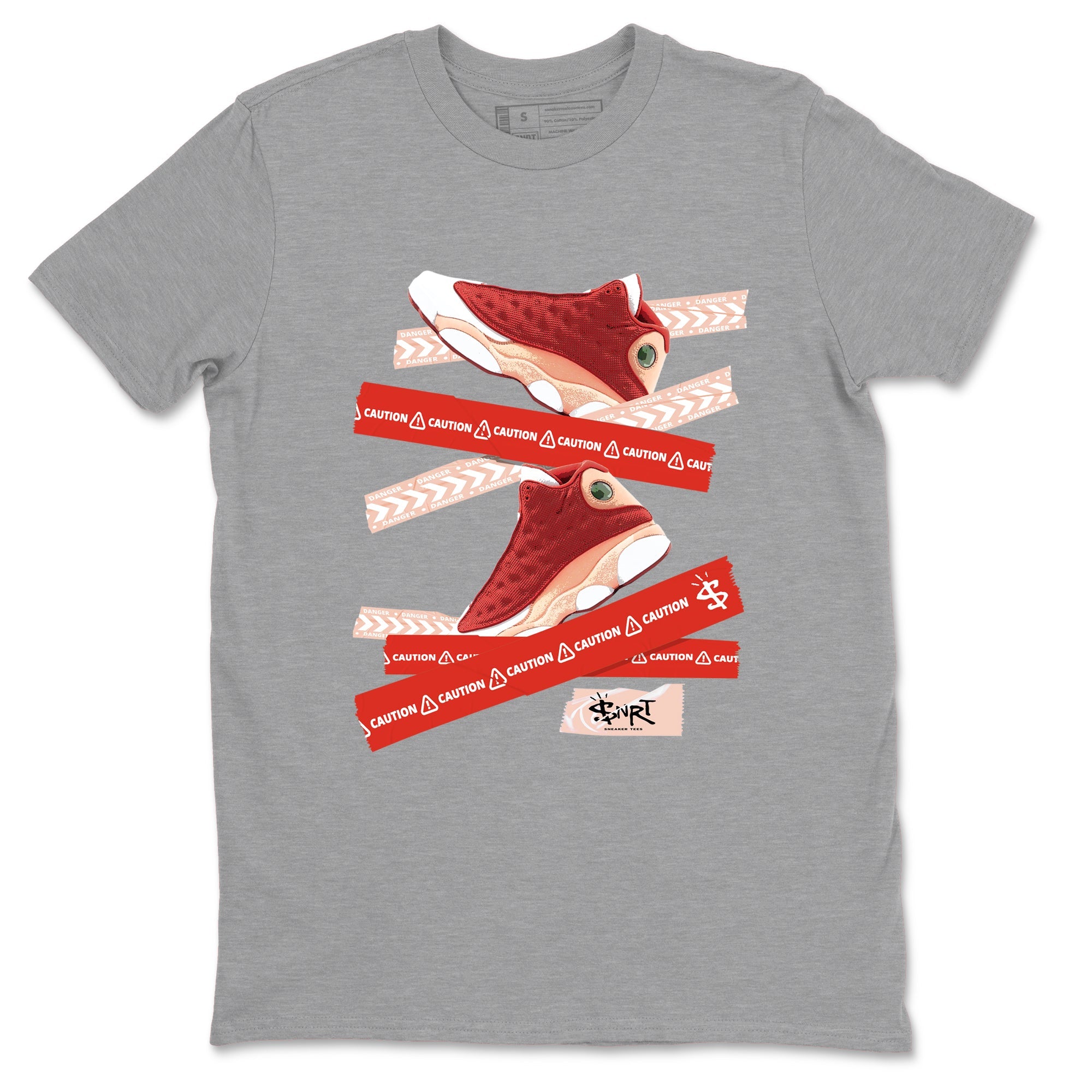 Air Jordan 13 Dune Red shirts to match jordans Caution Tape sneaker match tees AJ13 Dune Red Sneaker Shirts Drip Gear Zone streetwear brand Heather Grey 2 unisex cotton tee