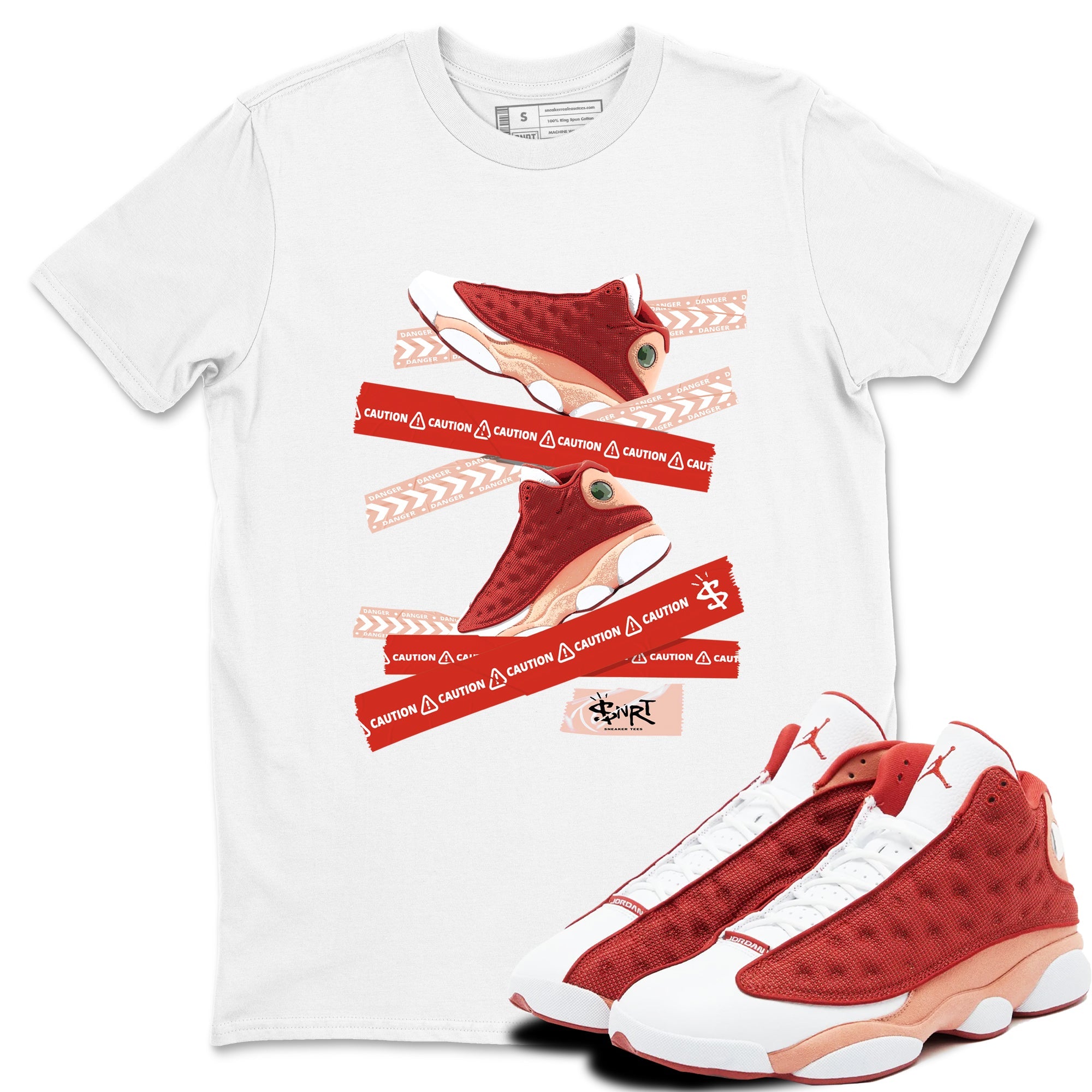 Air Jordan 13 Dune Red shirts to match jordans Caution Tape sneaker match tees AJ13 Dune Red Sneaker Shirts Drip Gear Zone streetwear brand White 1 unisex cotton tee