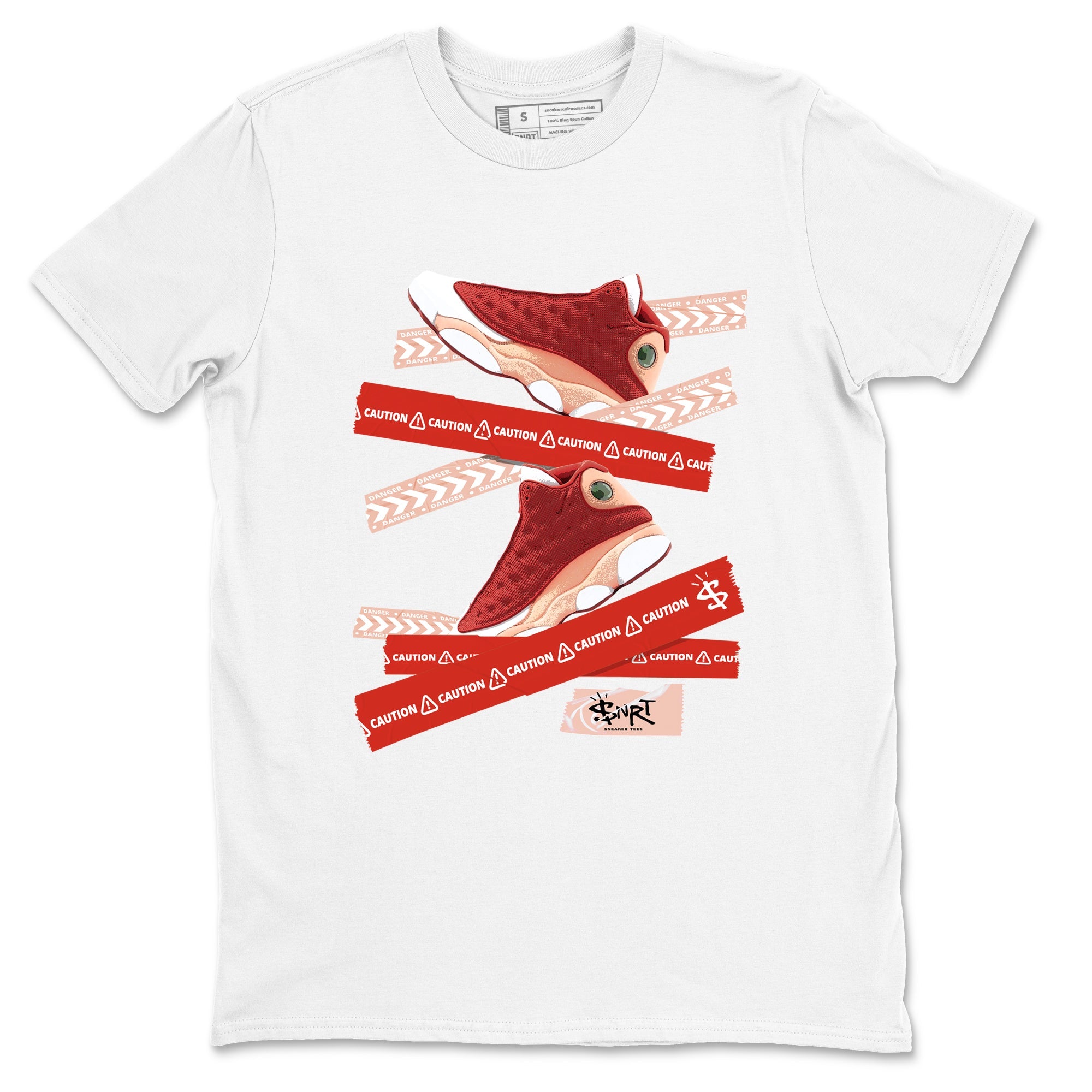 Air Jordan 13 Dune Red shirts to match jordans Caution Tape sneaker match tees AJ13 Dune Red Sneaker Shirts Drip Gear Zone streetwear brand White 2 unisex cotton tee