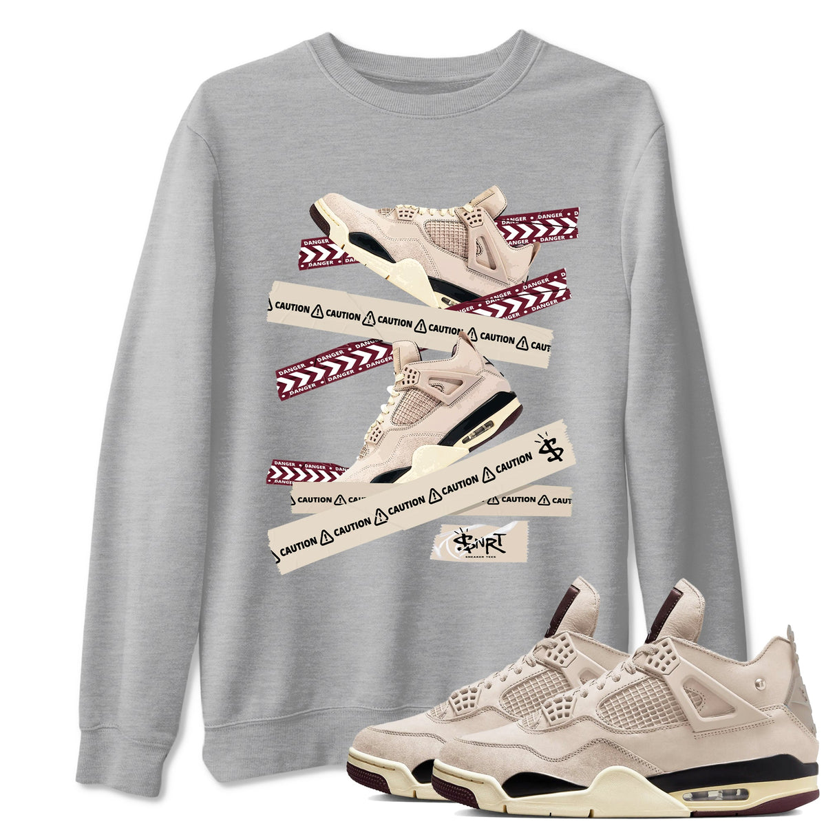 4s A Ma Maniere x Fossil Stone shirts to match jordans Caution Tape sneaker match tees Air Jordan 4 A Ma Maniere x Fossil Stone match shoes to clothes Drip Gear Zone unisex cotton Heather Grey 1 shirts