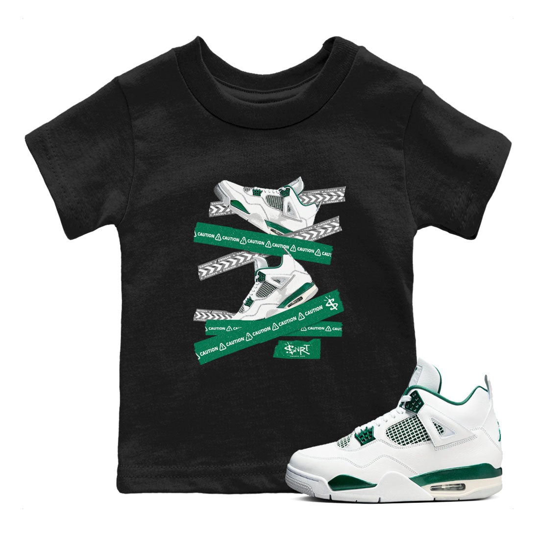 4s Oxidized Green shirts to match jordans Caution Tape sneaker match tees Air Jordan 4 Oxidized Green Drip Gear Zone streetwear brand Baby and Youth Black 1 cotton tee