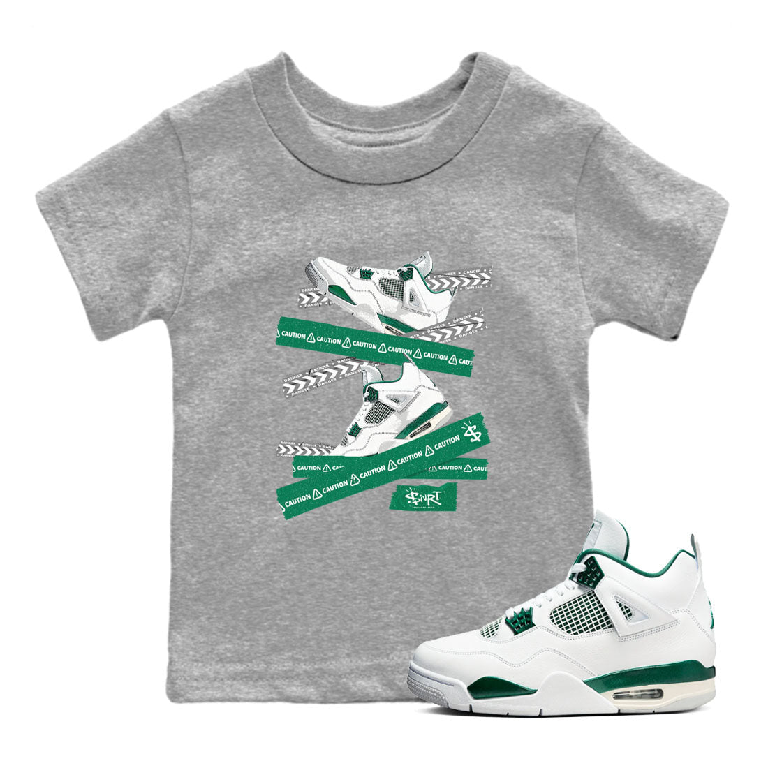 4s Oxidized Green shirts to match jordans Caution Tape sneaker match tees Air Jordan 4 Oxidized Green Drip Gear Zone streetwear brand Baby and Youth Heather Grey 1 cotton tee
