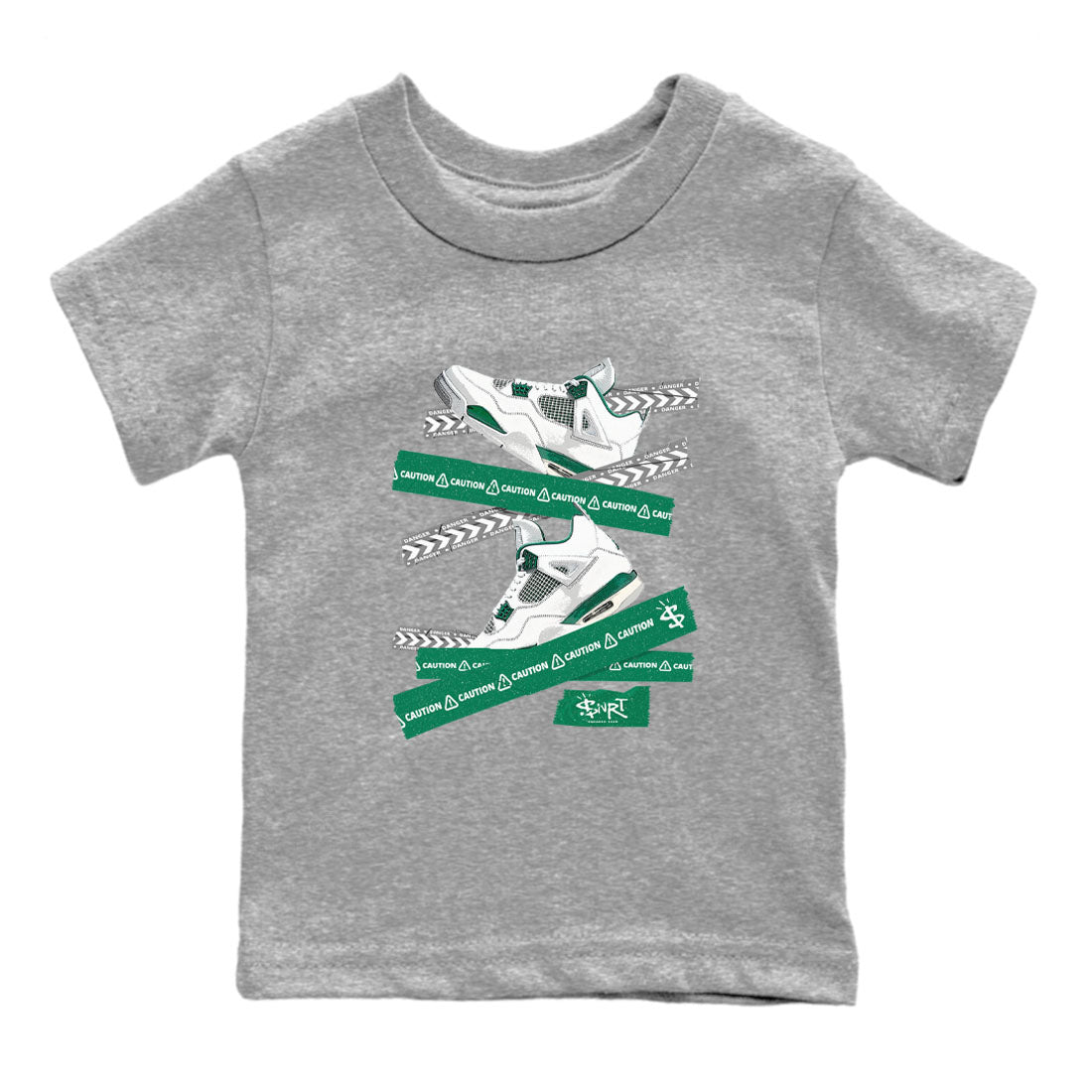 4s Oxidized Green shirts to match jordans Caution Tape sneaker match tees Air Jordan 4 Oxidized Green Drip Gear Zone streetwear brand Baby and Youth Heather Grey 2 cotton tee