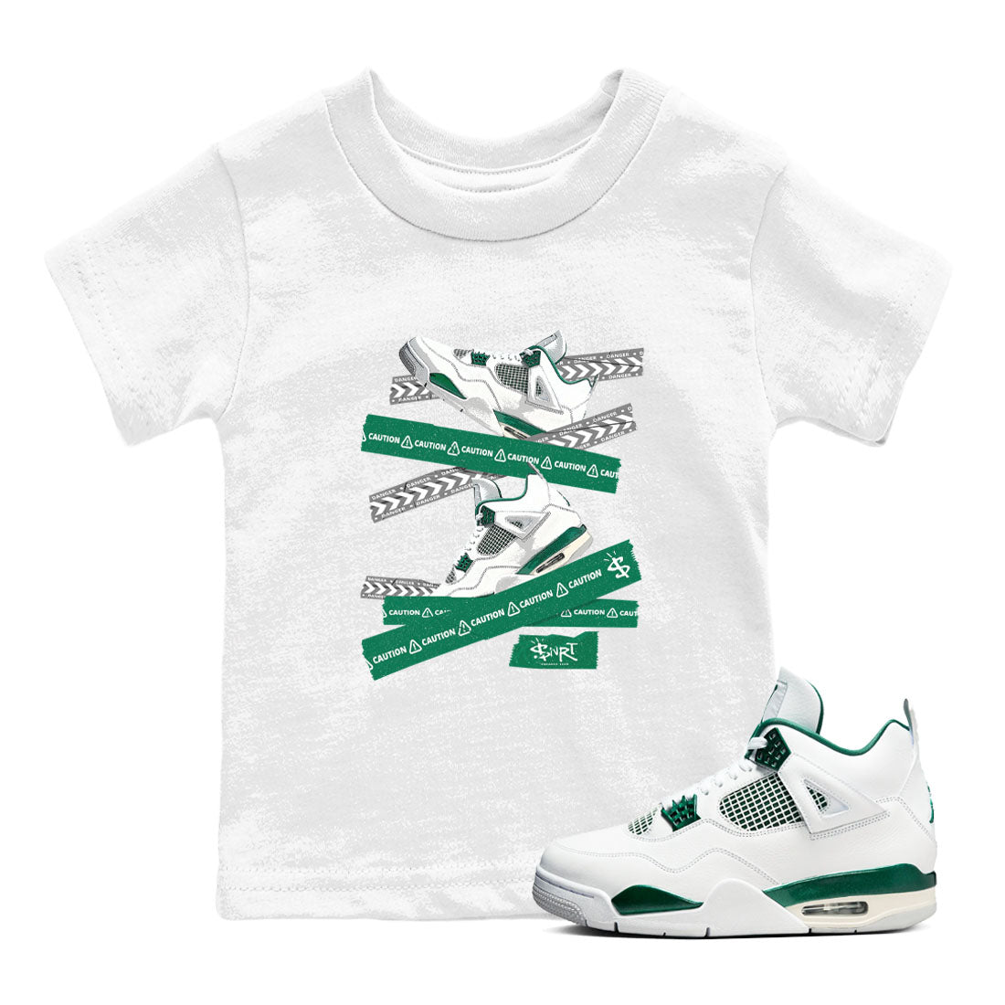 4s Oxidized Green shirts to match jordans Caution Tape sneaker match tees Air Jordan 4 Oxidized Green Drip Gear Zone streetwear brand Baby and Youth White 1 cotton tee