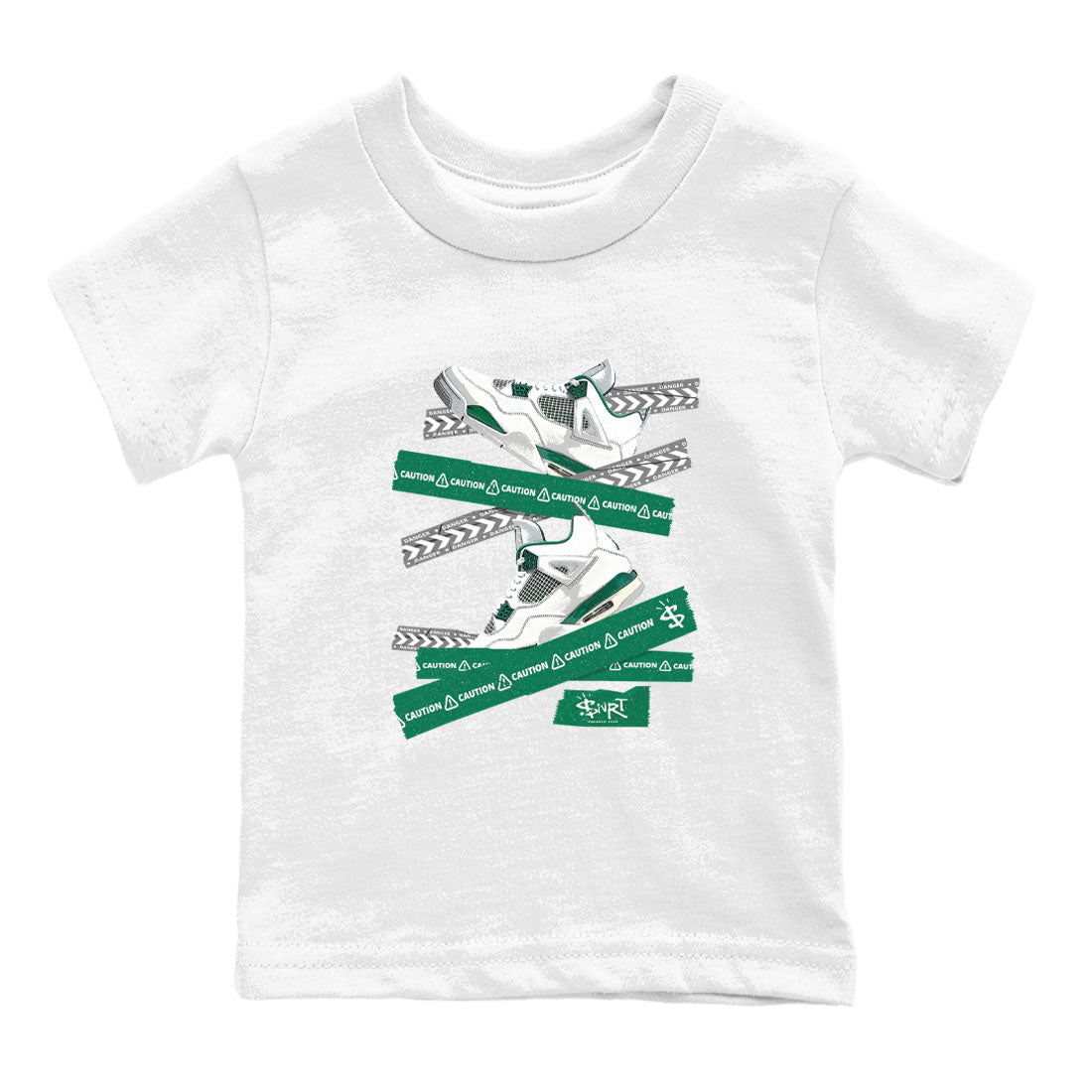 4s Oxidized Green shirts to match jordans Caution Tape sneaker match tees Air Jordan 4 Oxidized Green Drip Gear Zone streetwear brand Baby and Youth White 2 cotton tee