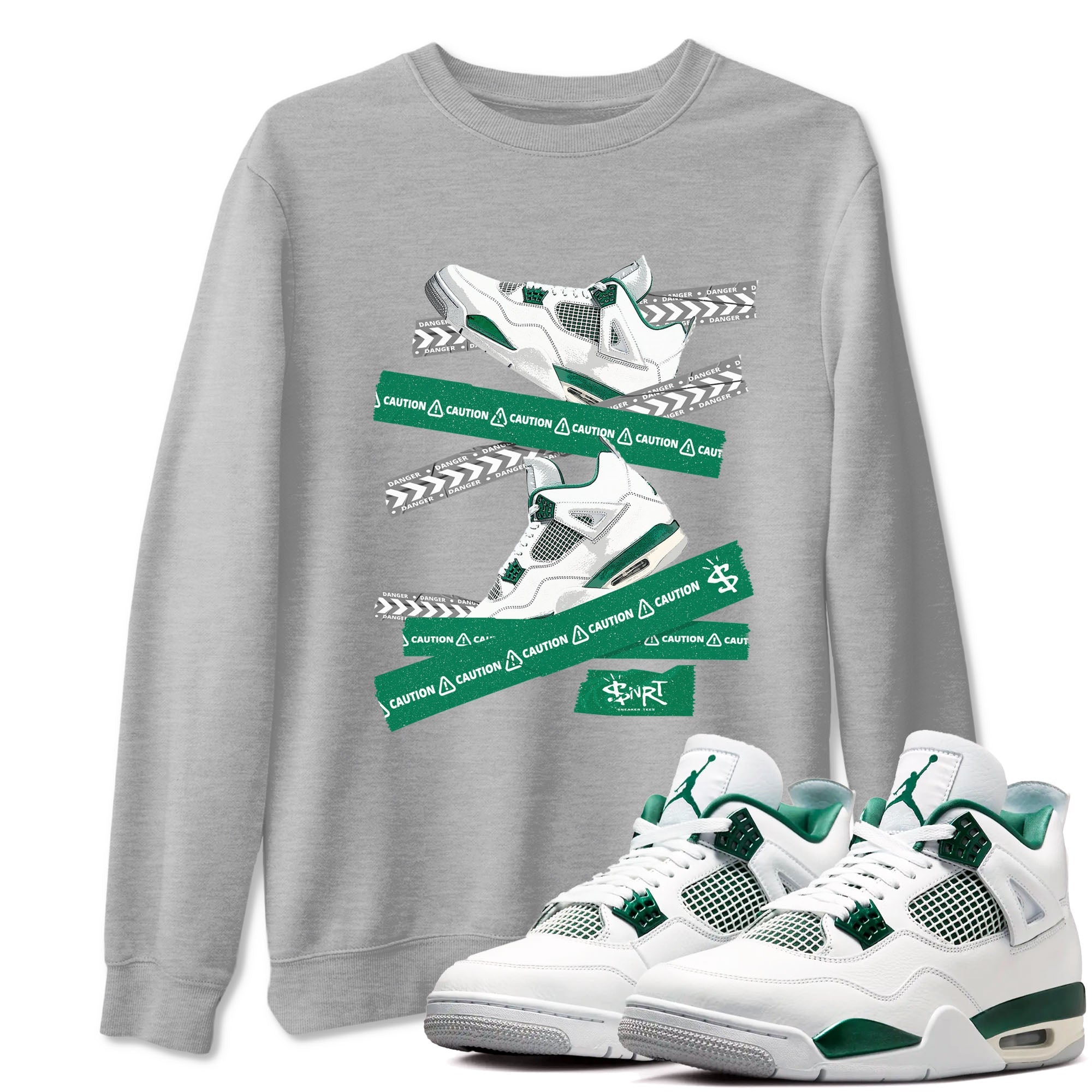 4s Oxidized Green shirts to match jordans Caution Tape sneaker match tees Air Jordan 4 Oxidized Green Drip Gear Zone streetwear brand Heather Grey 1 unisex cotton tee