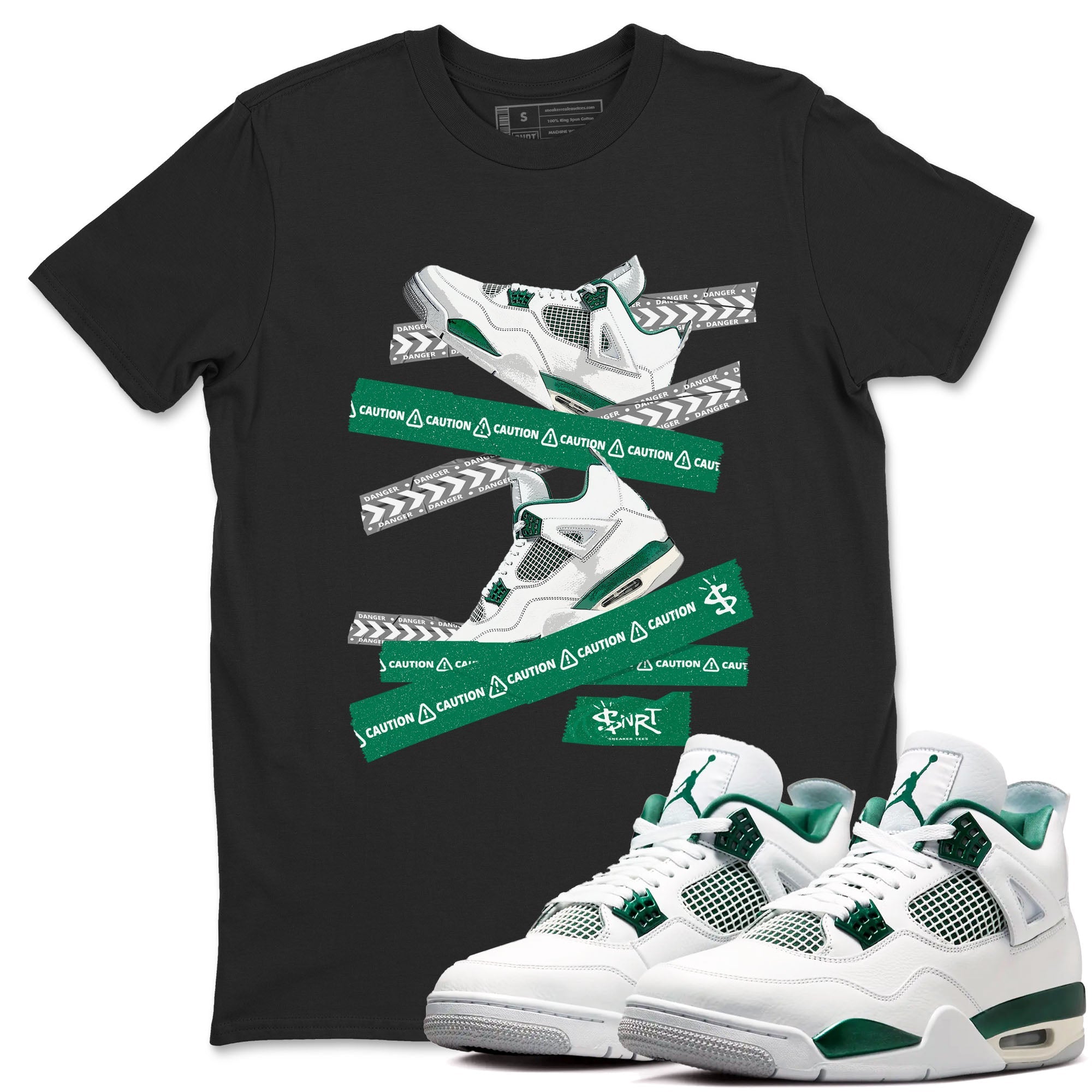 4s Oxidized Green shirts to match jordans Caution Tape sneaker match tees Air Jordan 4 Oxidized Green Drip Gear Zone streetwear brand Black 1 unisex cotton tee