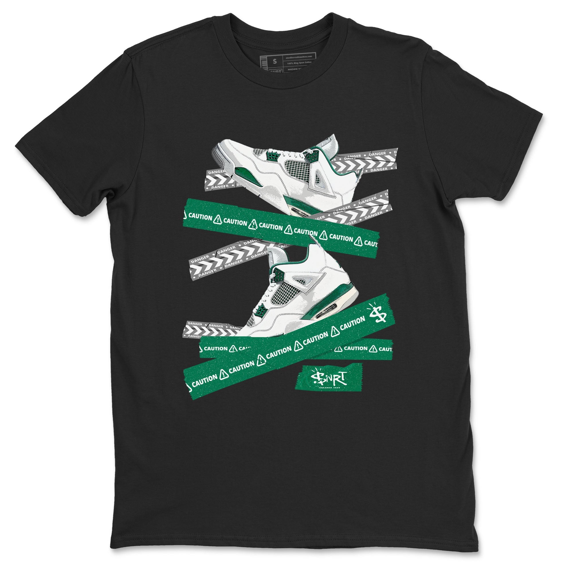 4s Oxidized Green shirts to match jordans Caution Tape sneaker match tees Air Jordan 4 Oxidized Green Drip Gear Zone streetwear brand Black 2 unisex cotton tee