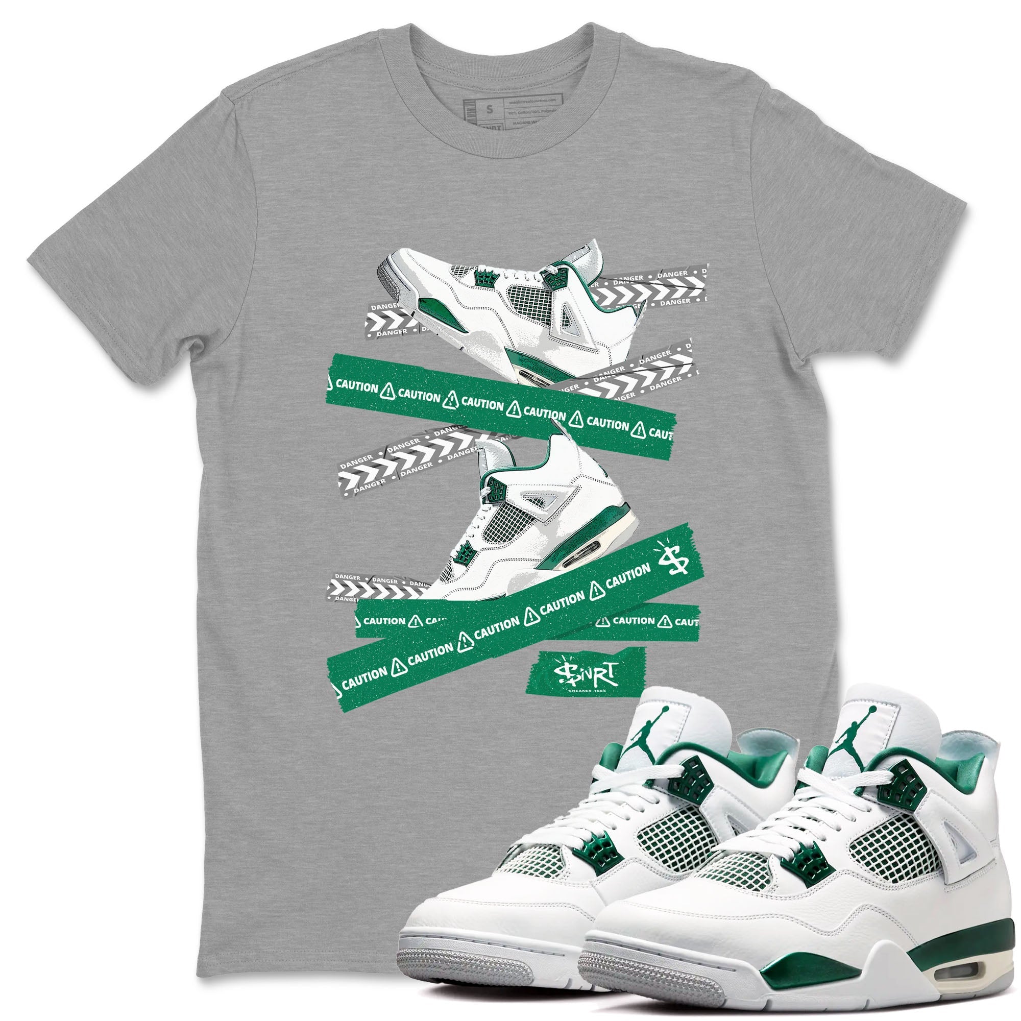 4s Oxidized Green shirts to match jordans Caution Tape sneaker match tees Air Jordan 4 Oxidized Green Drip Gear Zone streetwear brand Heather Grey 1 unisex cotton tee