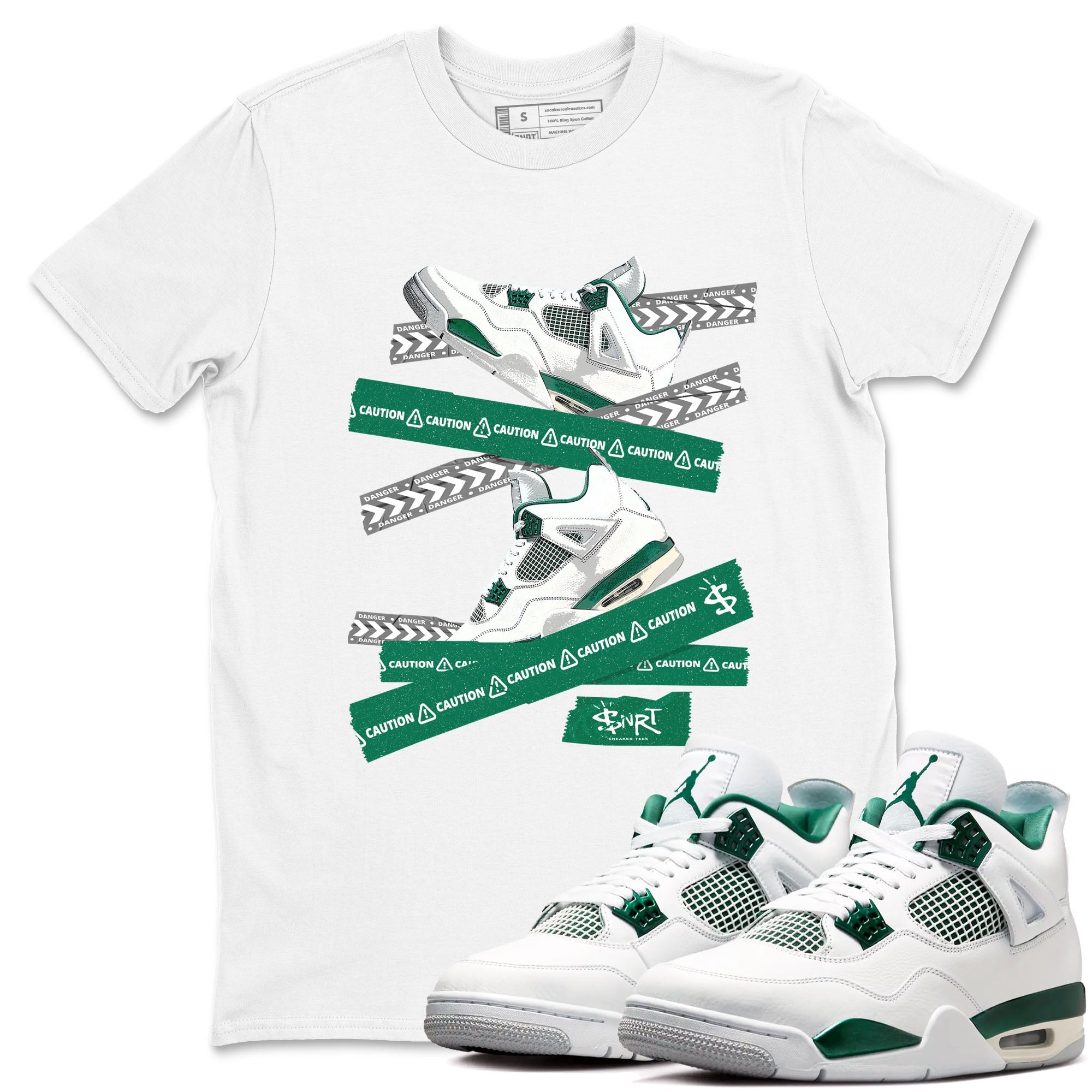 4s Oxidized Green shirts to match jordans Caution Tape sneaker match tees Air Jordan 4 Oxidized Green Drip Gear Zone streetwear brand White 1 unisex cotton tee