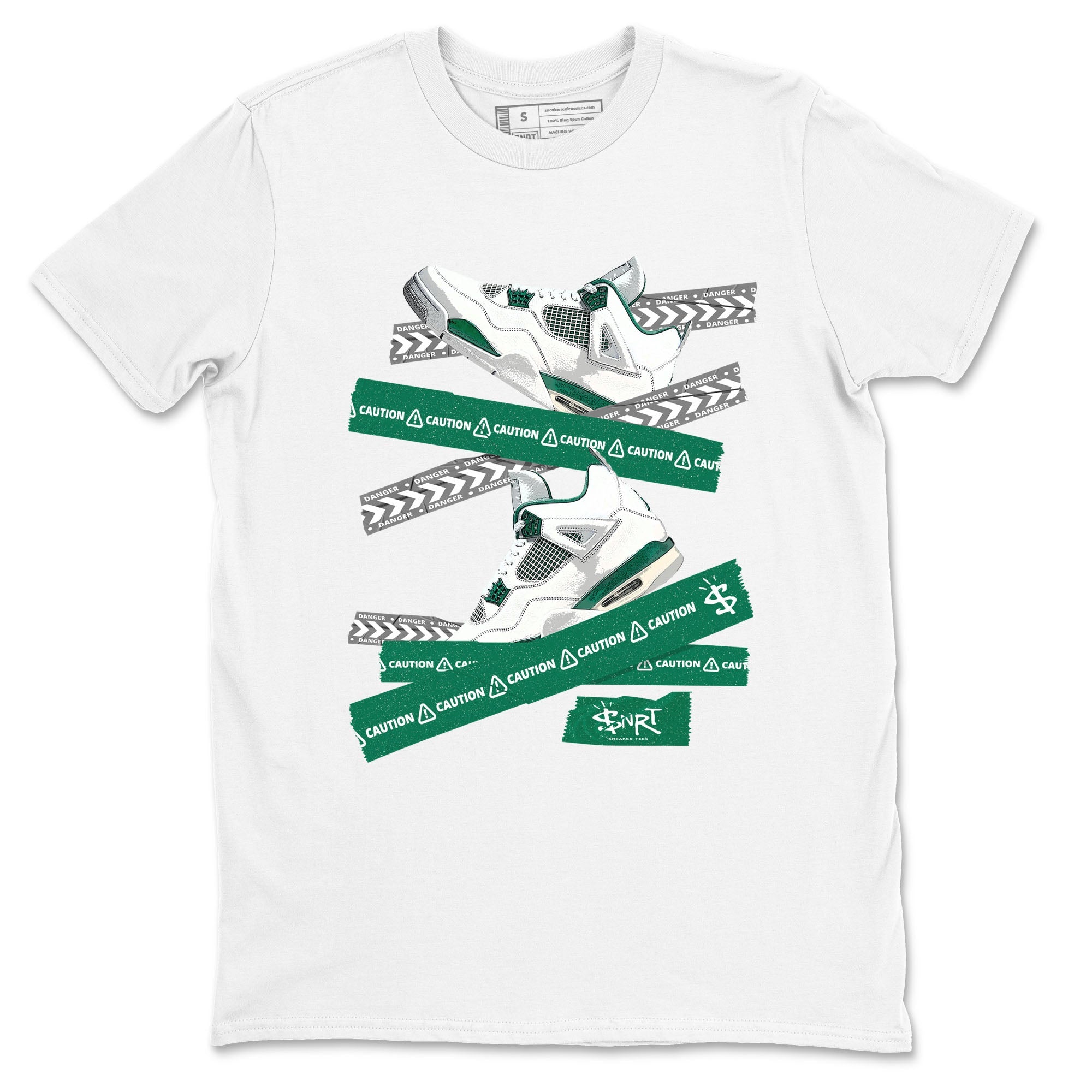 4s Oxidized Green shirts to match jordans Caution Tape sneaker match tees Air Jordan 4 Oxidized Green Drip Gear Zone streetwear brand White 2 unisex cotton tee