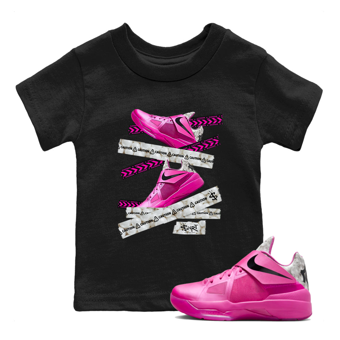 Nike KD 4 Retro Aunt Pearl shirts to match jordans Caution Tape sneaker match tees Nike KD 4 Aunt Pearl match shoes to clothes Drip Gear Zone Youth Baby Black 1 tee