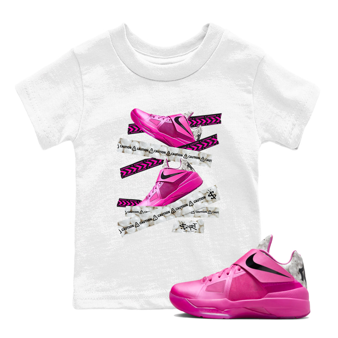 Nike KD 4 Retro Aunt Pearl shirts to match jordans Caution Tape sneaker match tees Nike KD 4 Aunt Pearl match shoes to clothes Drip Gear Zone Youth Baby White 1 tee