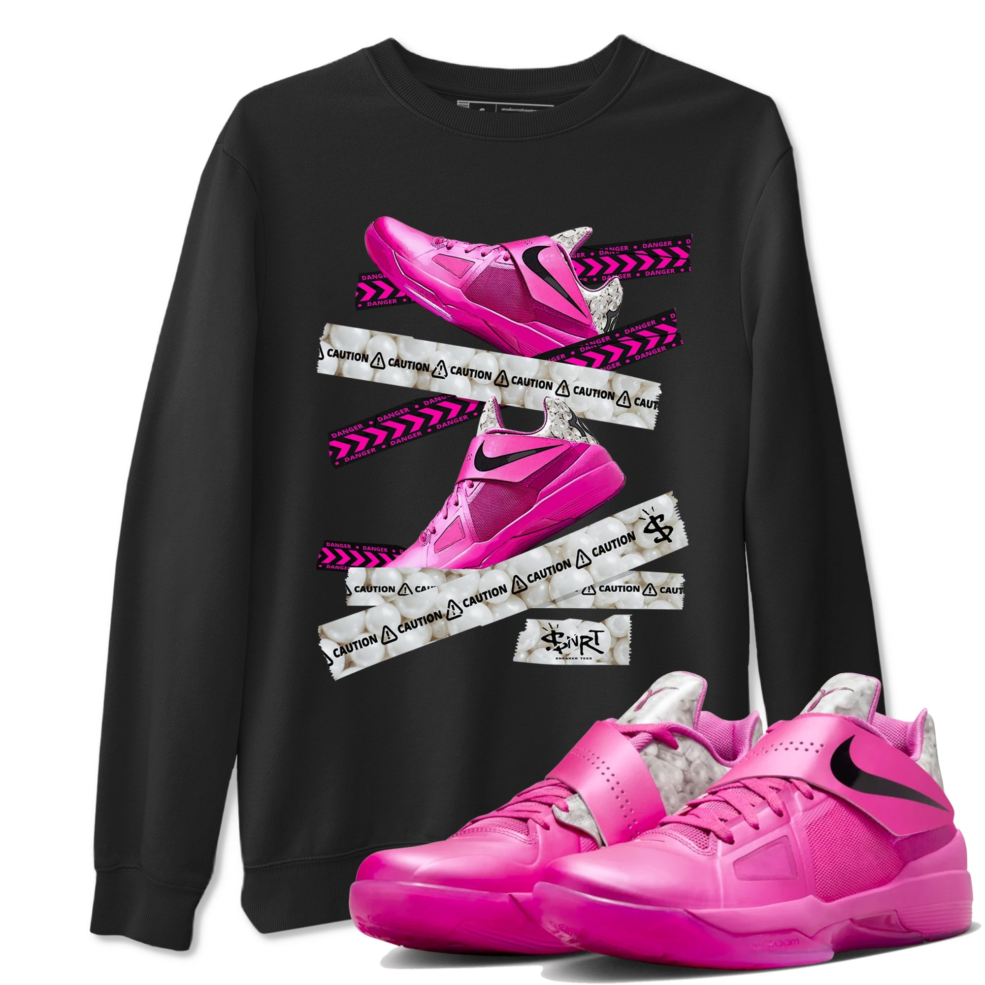 Nike KD 4 Retro Aunt Pearl shirts to match jordans Caution Tape sneaker match tees Nike KD 4 Aunt Pearl match shoes to clothes Drip Gear Zone unisex cotton Black 1 shirts