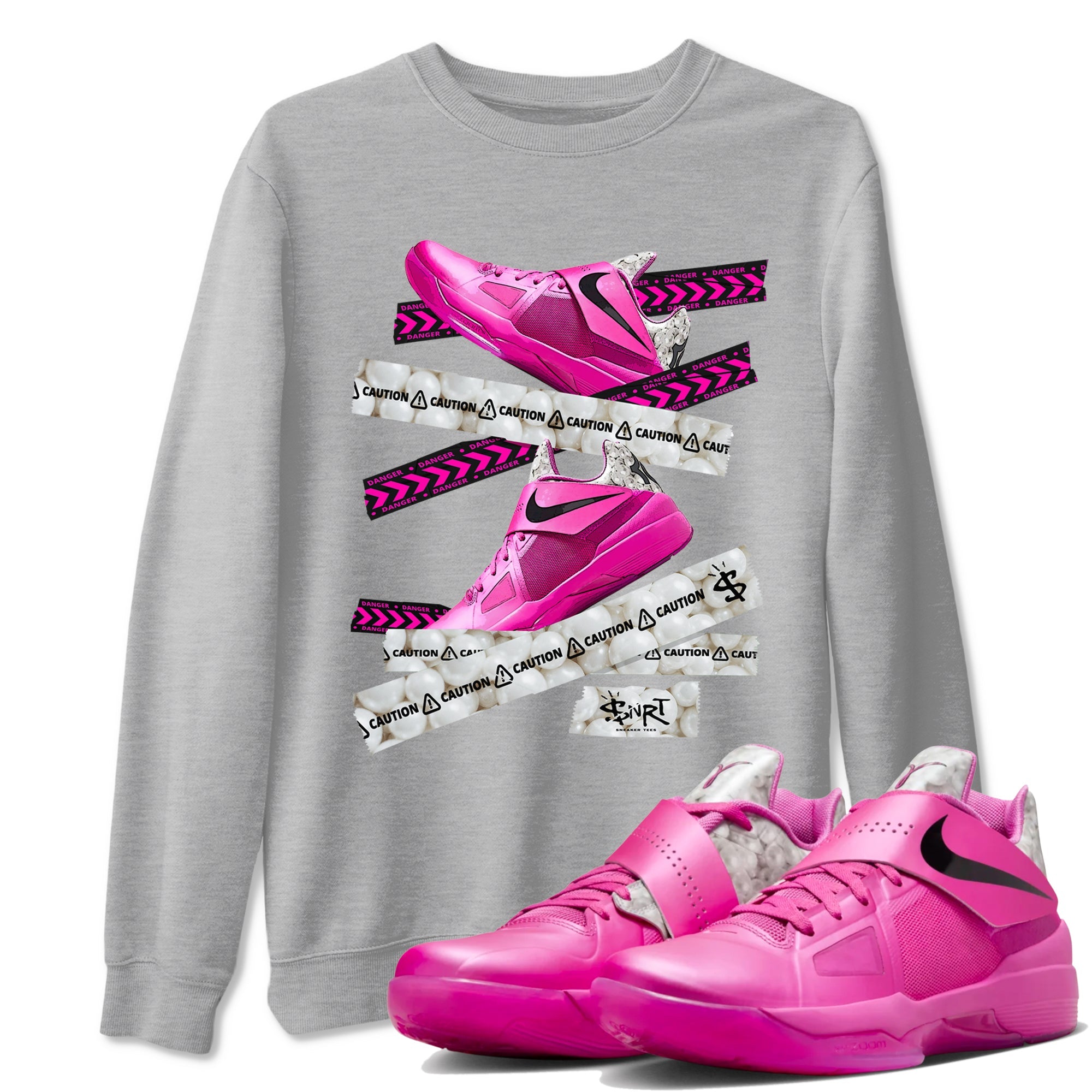 Nike KD 4 Retro Aunt Pearl shirts to match jordans Caution Tape sneaker match tees Nike KD 4 Aunt Pearl match shoes to clothes Drip Gear Zone unisex cotton Heather Grey 1 shirts