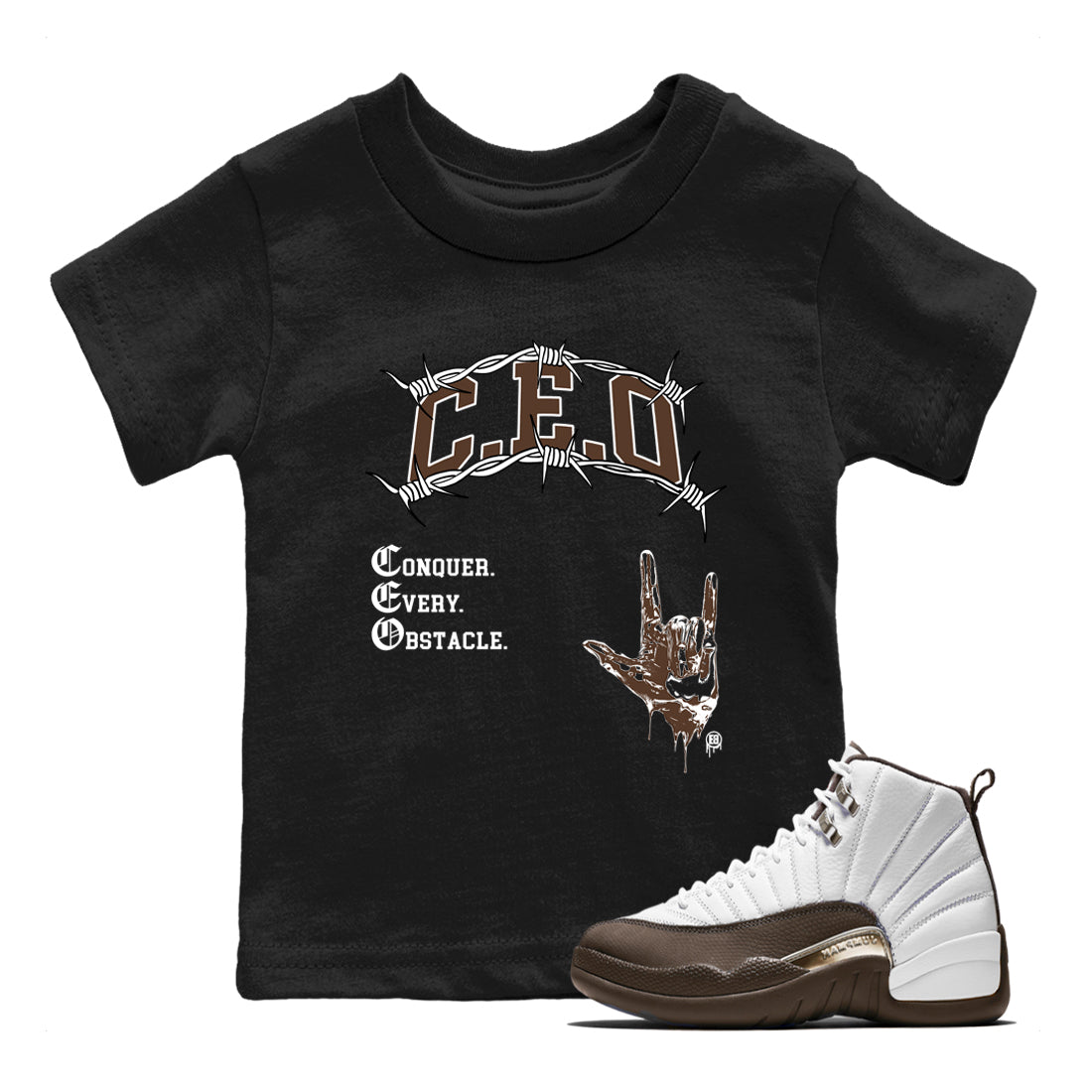 12s Baroque Brown shirts to match jordans CEO sneaker match tees Air Jordan 12 Baroque Brown match shoes to clothes Drip Gear Zone Youth Baby Black 1 tee