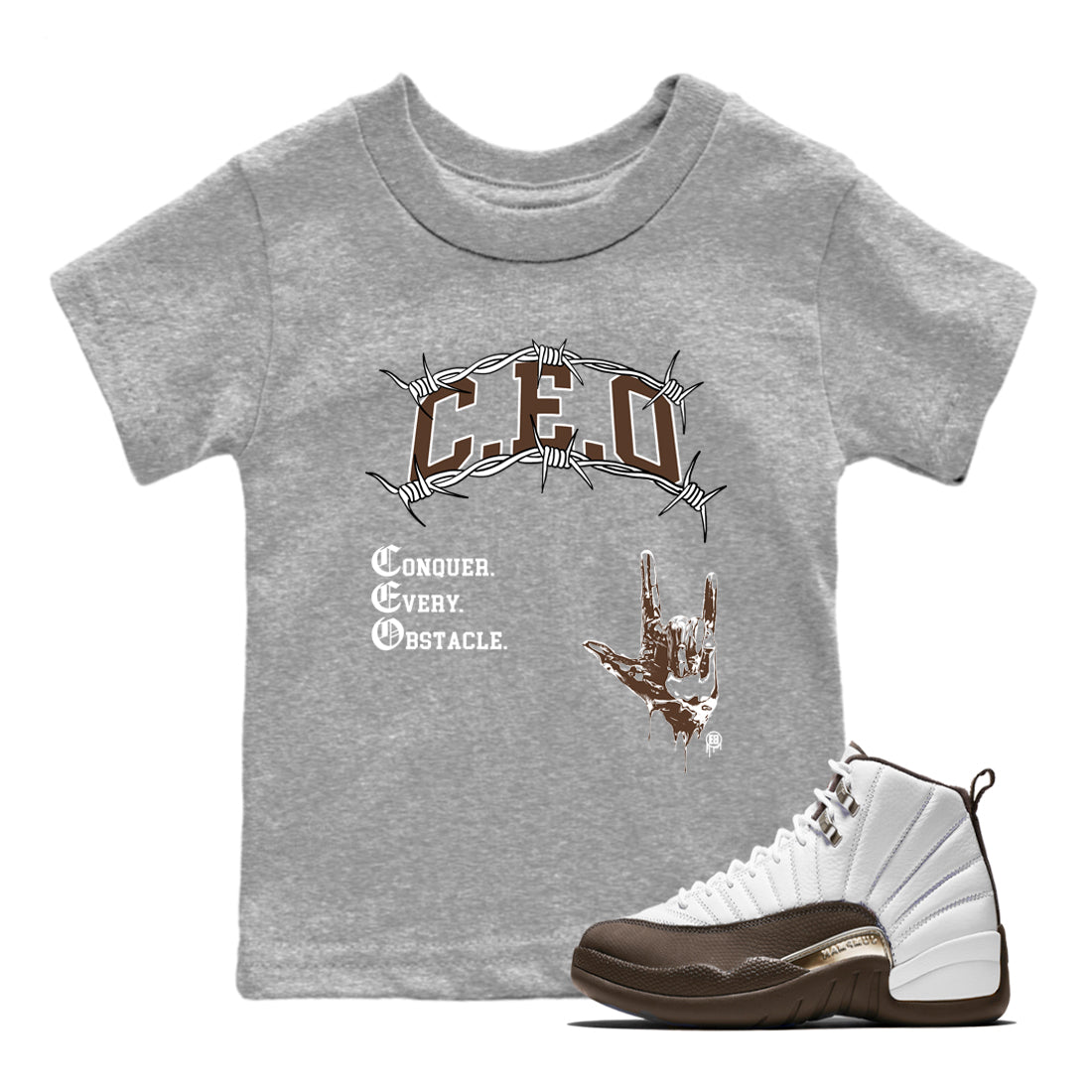 12s Baroque Brown shirts to match jordans CEO sneaker match tees Air Jordan 12 Baroque Brown match shoes to clothes Drip Gear Zone Youth Baby Heather Grey 1 tee