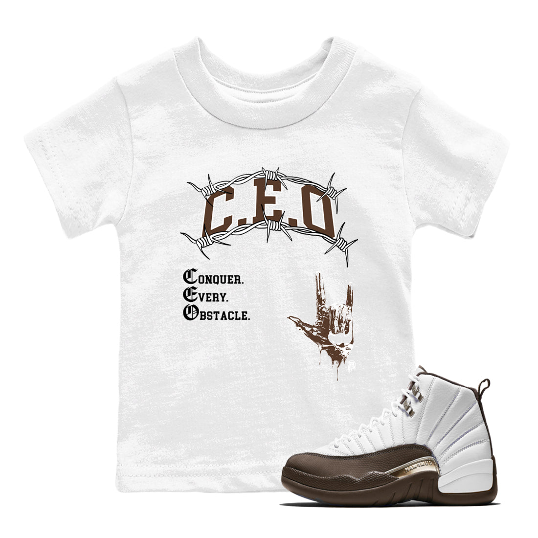 12s Baroque Brown shirts to match jordans CEO sneaker match tees Air Jordan 12 Baroque Brown match shoes to clothes Drip Gear Zone Youth Baby White 1 tee
