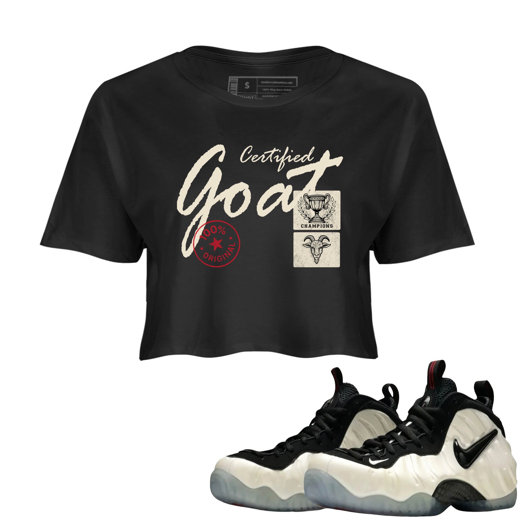 Sneaker Threads  Sneaker Tees To Match Air Foamposite One Pearl  Certified Goat Crop Tee Black 1. Perfect for Jordan releases 2025 colorways.