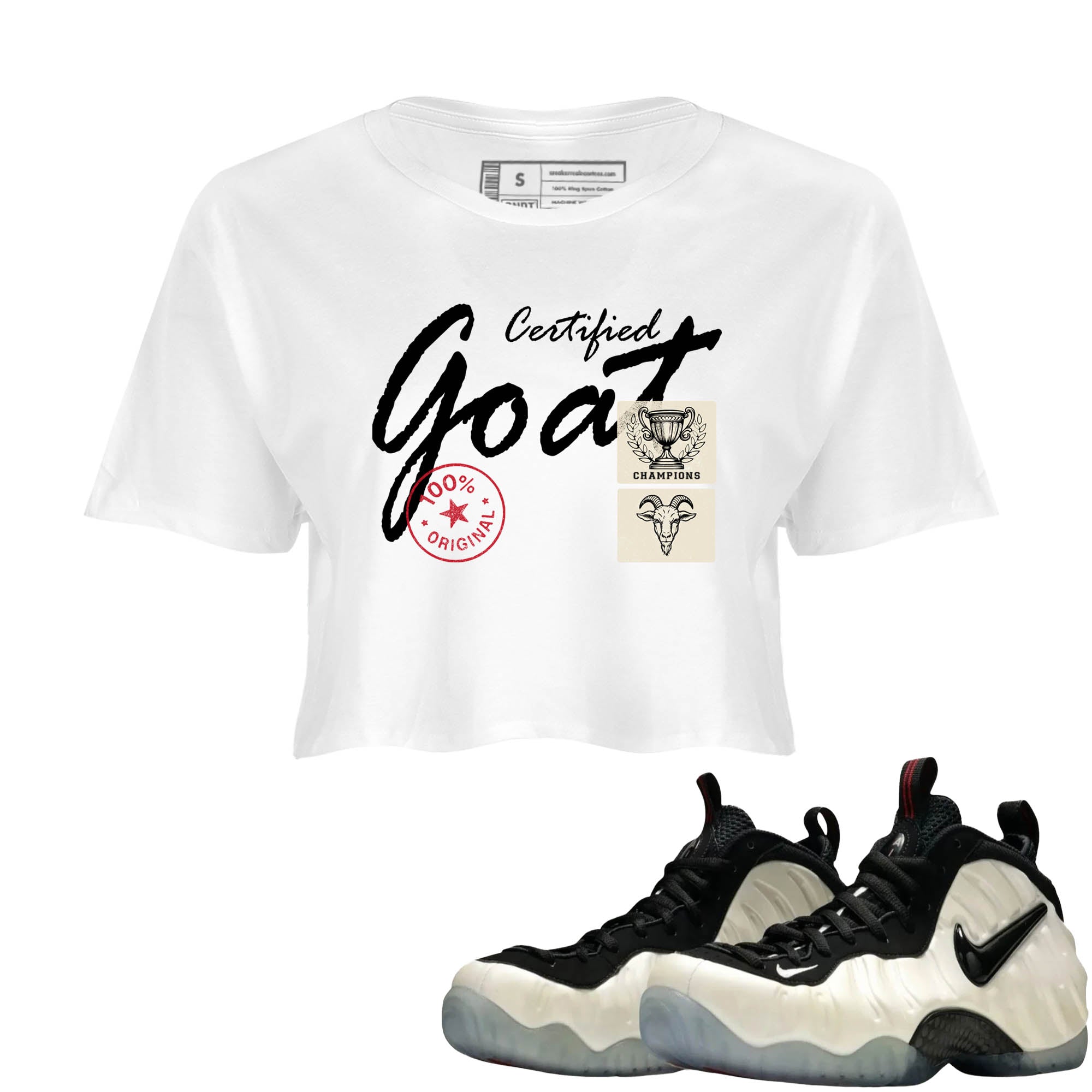 Sneaker Threads  Sneaker Tees To Match Air Foamposite One Pearl  Certified Goat Crop Tee White 1. Perfect for Jordan releases 2025 colorways.