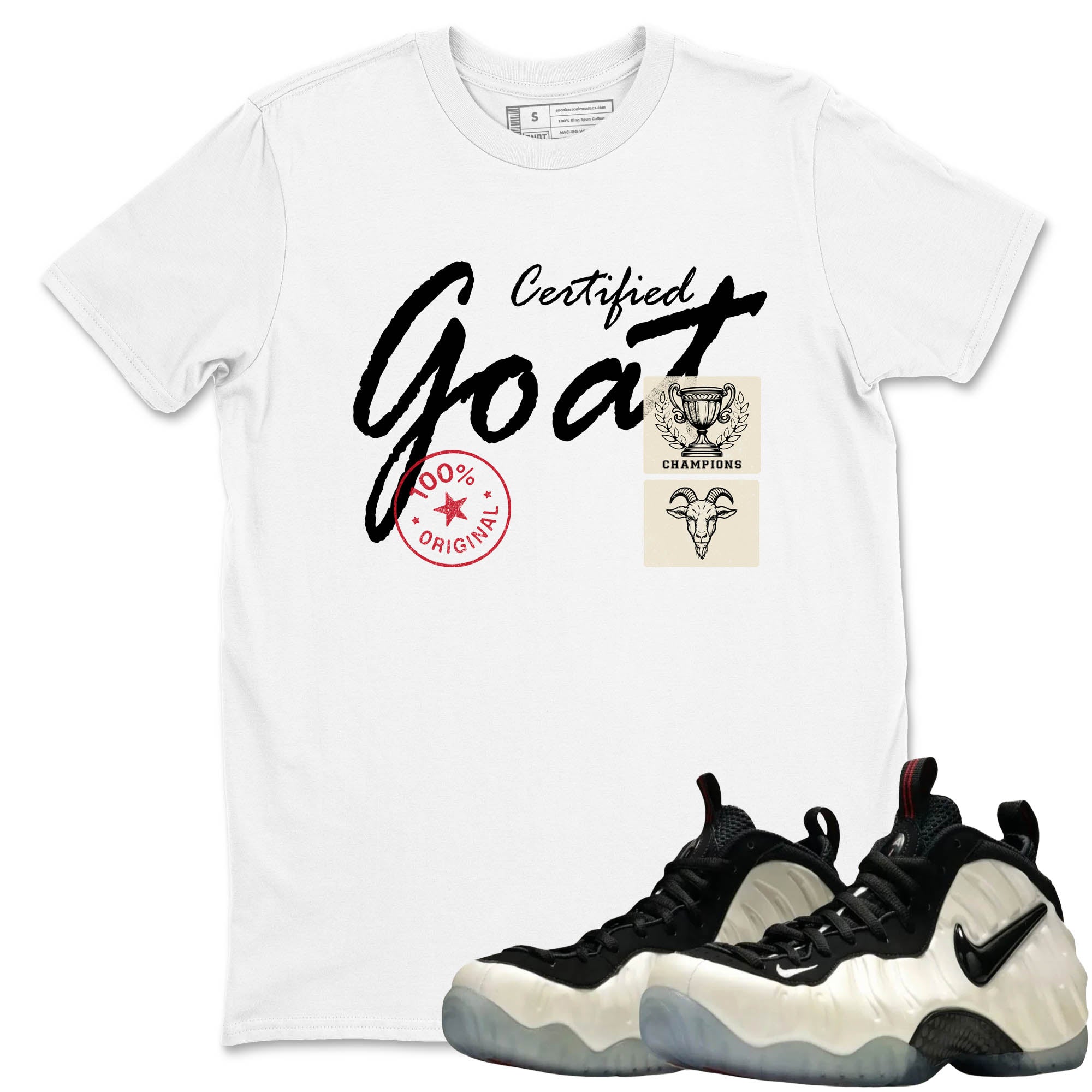 Sneaker Threads  Sneaker Tees To Match Air Foamposite One Pearl  Certified Goat Graphic Tee White 1. Perfect for Jordan releases 2025 colorways.