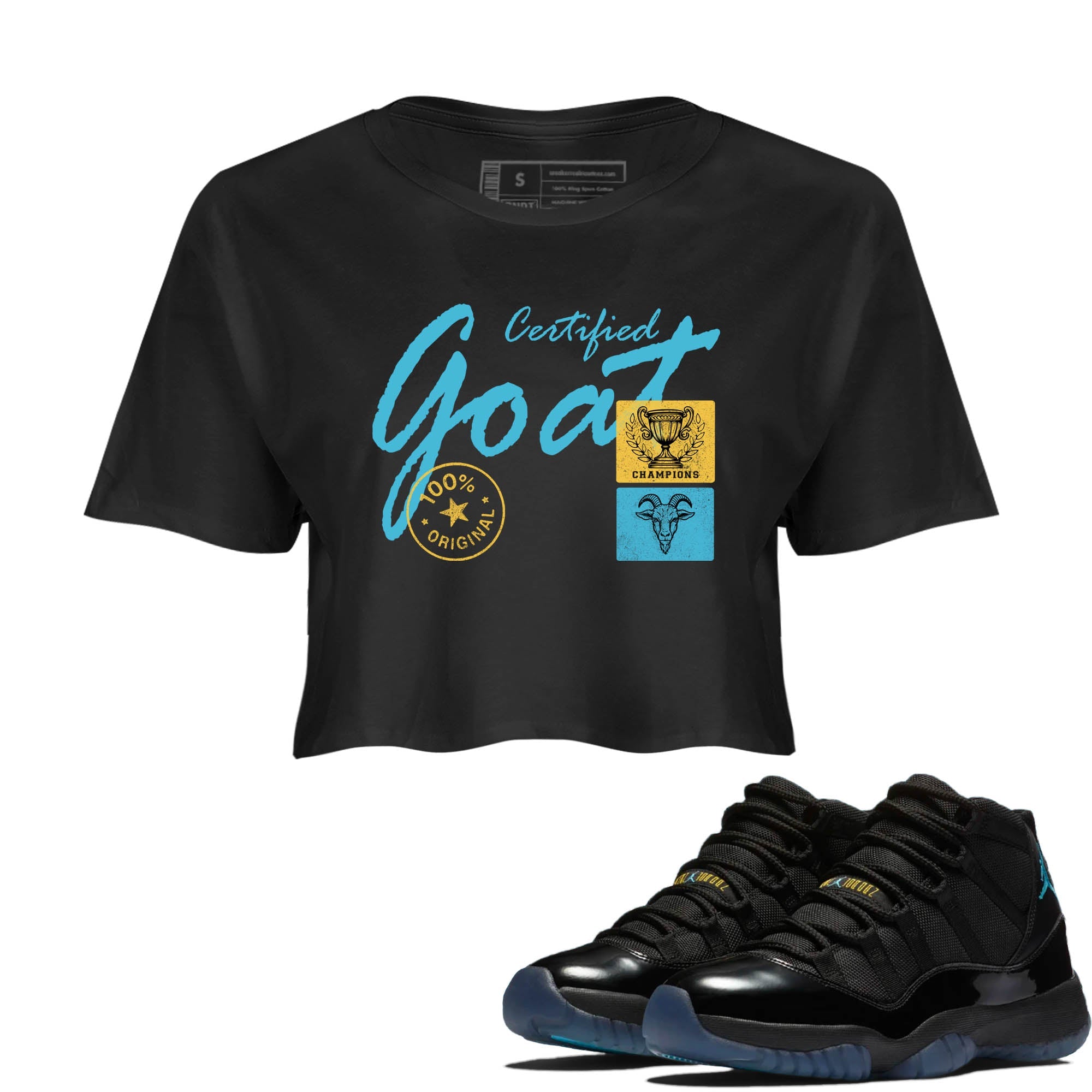 Sneaker Threads  Sneaker Tees To Match Air Jordan 11 Retro Gamma  Certified Goat Crop Tee Black 1. Perfect for Jordan releases 2025 colorways.