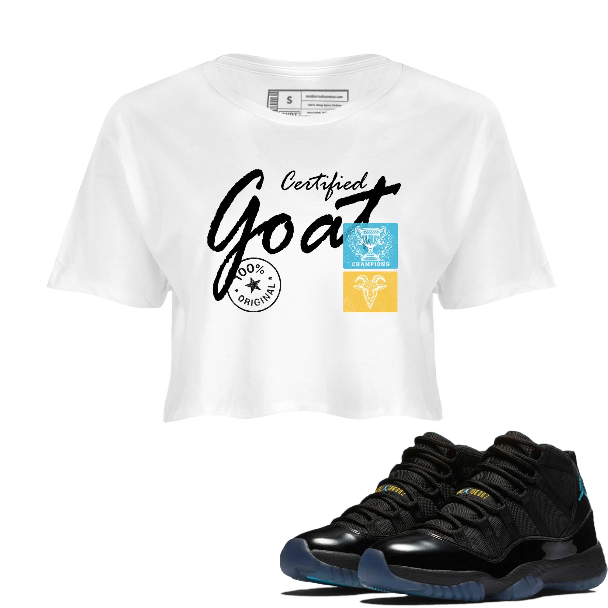 Sneaker Threads  Sneaker Tees To Match Air Jordan 11 Retro Gamma  Certified Goat Crop Tee White 1. Perfect for Jordan releases 2025 colorways.