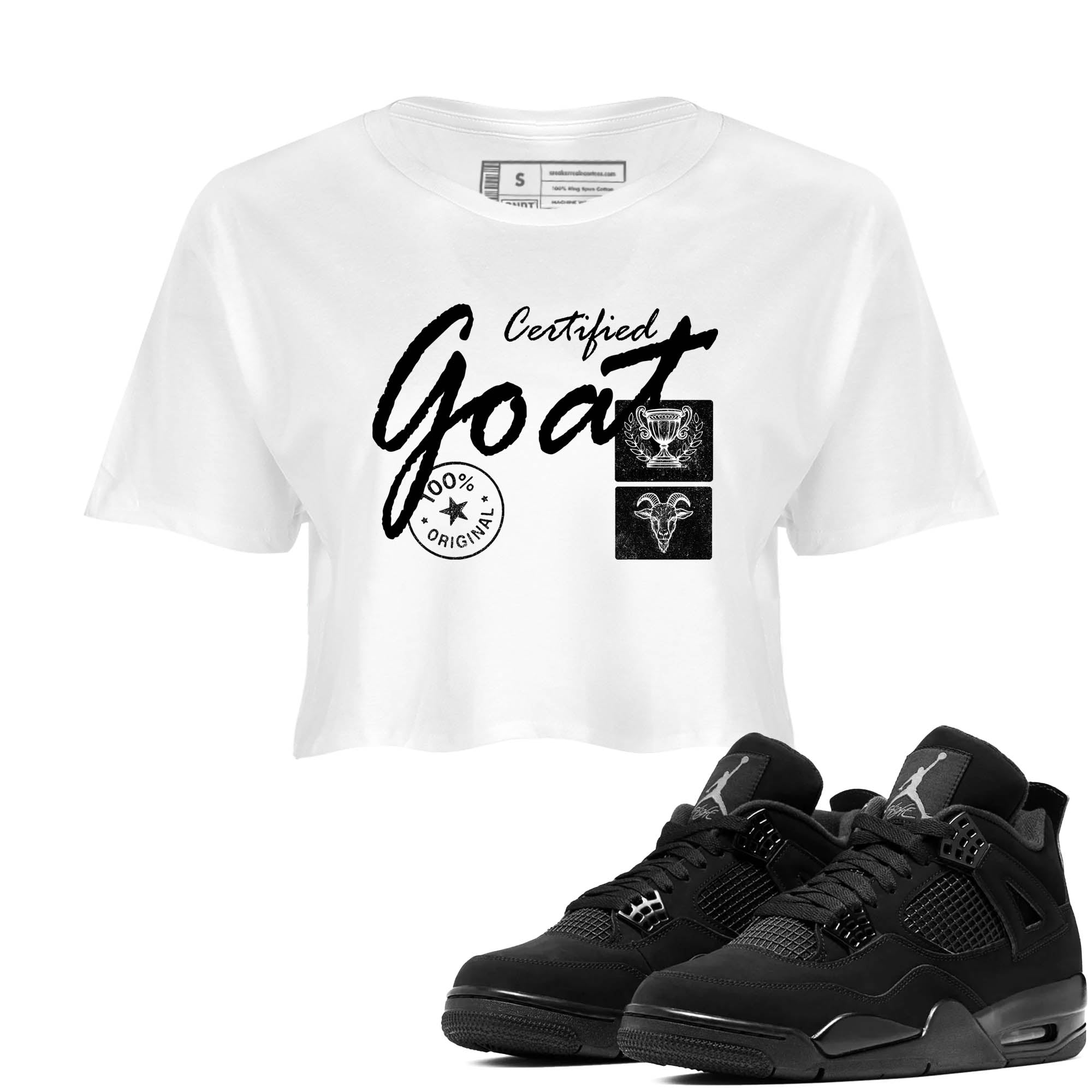 Sneaker Threads  Sneaker Tees To Match Air Jordan 4 Black Cat  Certified Goat Crop Tee White 1. Perfect for Jordan releases 2025 colorways.