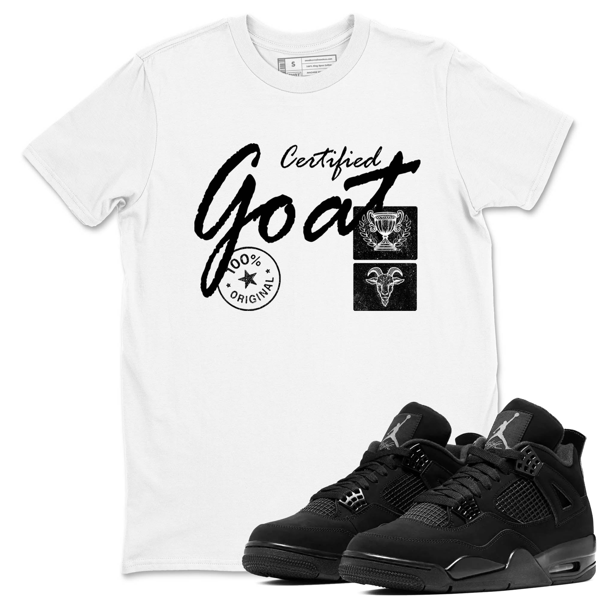 Sneaker Threads  Sneaker Tees To Match Air Jordan 4 Black Cat  Certified Goat Graphic Tee White 1. Perfect for Jordan releases 2025 colorways.